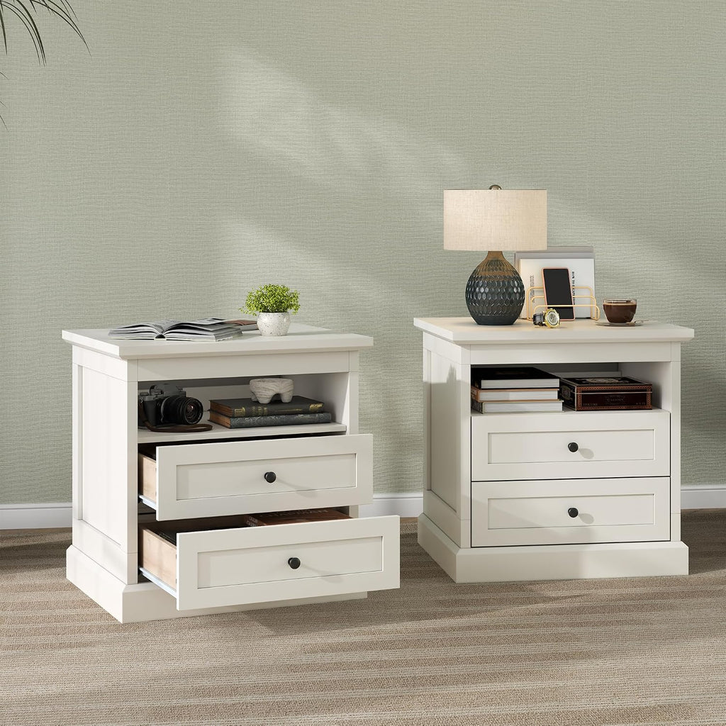Gyfimoie Nightstand with Hidden Storage Space, Night Stand, End Table with Side Drawer, Bedside Table with Open Shelf, 2 Drawers Dresser for Bedroom, Living Room, Closet (White)