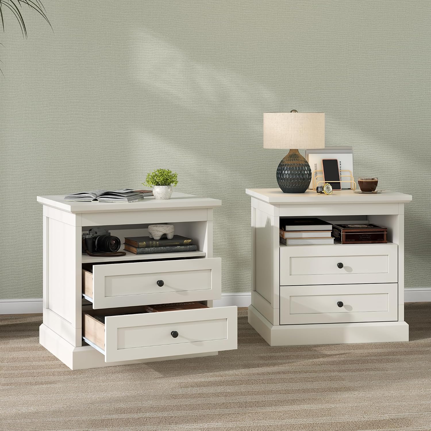 Gyfimoie Nightstand with Hidden Storage Space, Night Stand, End Table with Side Drawer, Bedside Table with Open Shelf, 2 Drawers Dresser for Bedroom, Living Room, Closet (White)