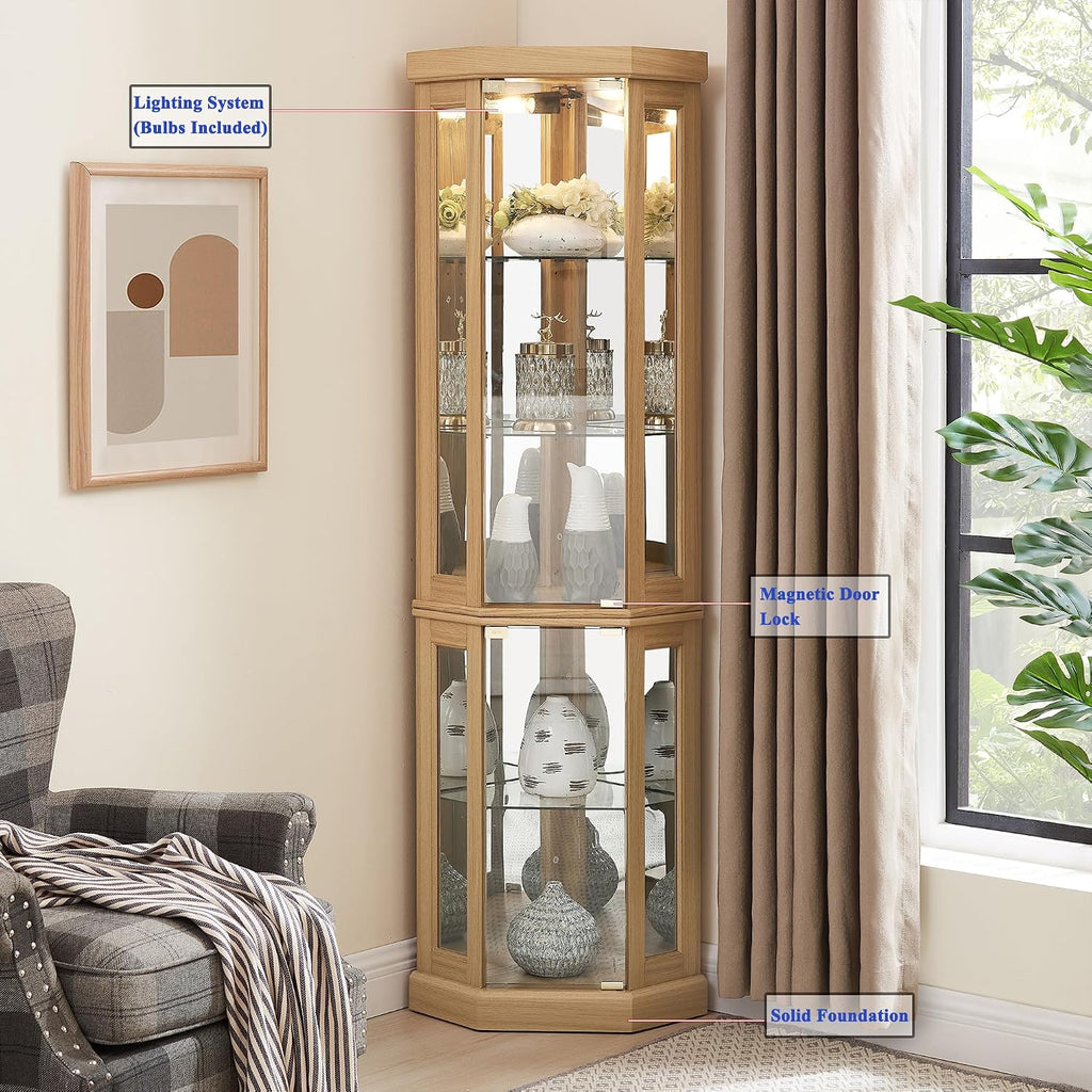 69' H Lighted Corner Curio Cabinet, 5-Tier Curio Glass Display Cabinet w/Door & Adjustable Glass Shelves, Wooden Display Showcase Corner Storage Cabinet for Living Room (Light Oak)