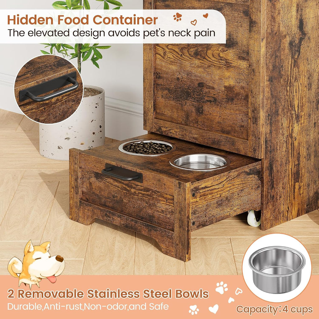 Dog Feeding Station, with Pet Feeding Station,Flip Top Dog Food Storage Cabinet, 2 Elevated Bowls, Includes 3 Hooks for Accessories – Space-Saving Design, Brown