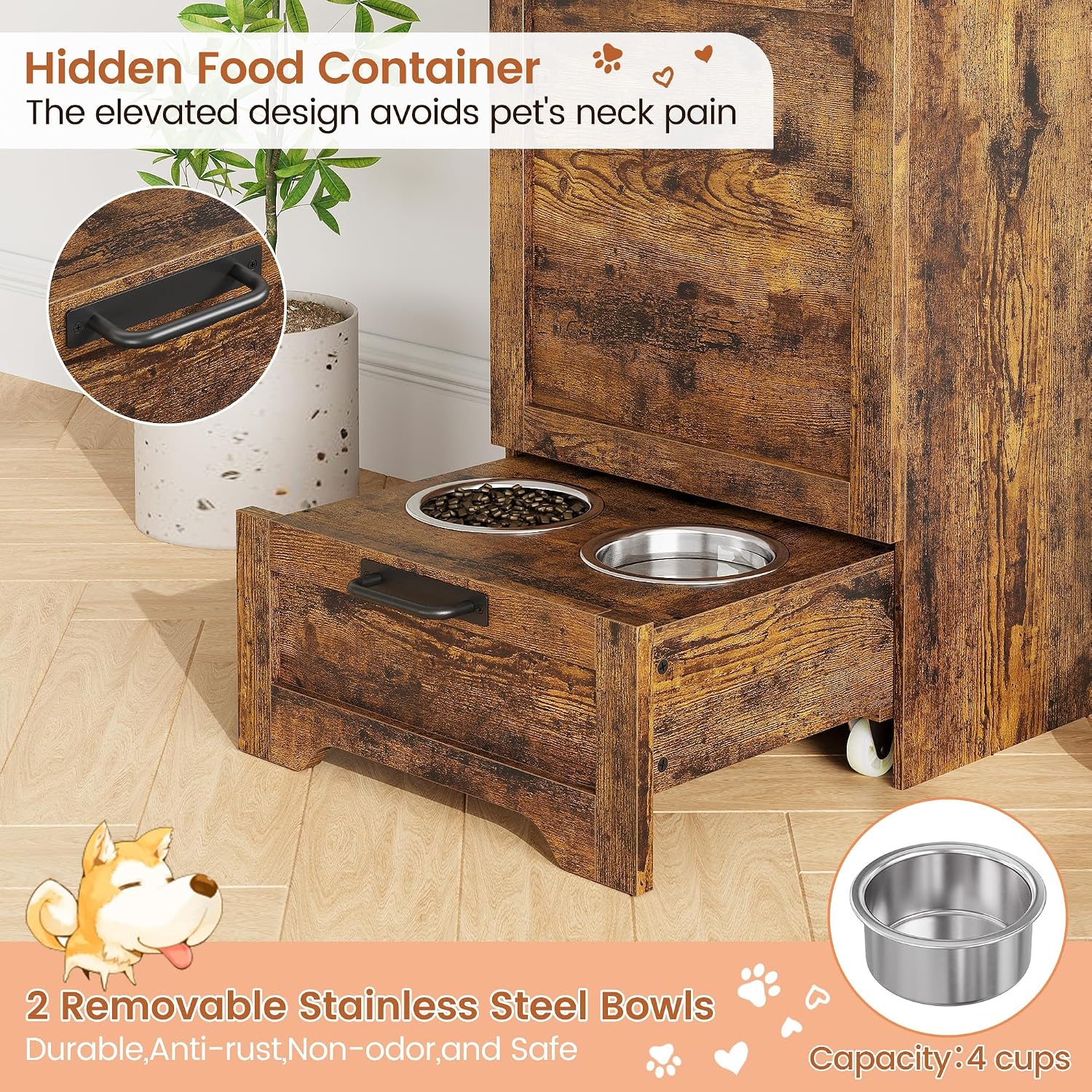Dog Feeding Station, with Pet Feeding Station,Flip Top Dog Food Storage Cabinet, 2 Elevated Bowls, Includes 3 Hooks for Accessories – Space-Saving Design, Brown