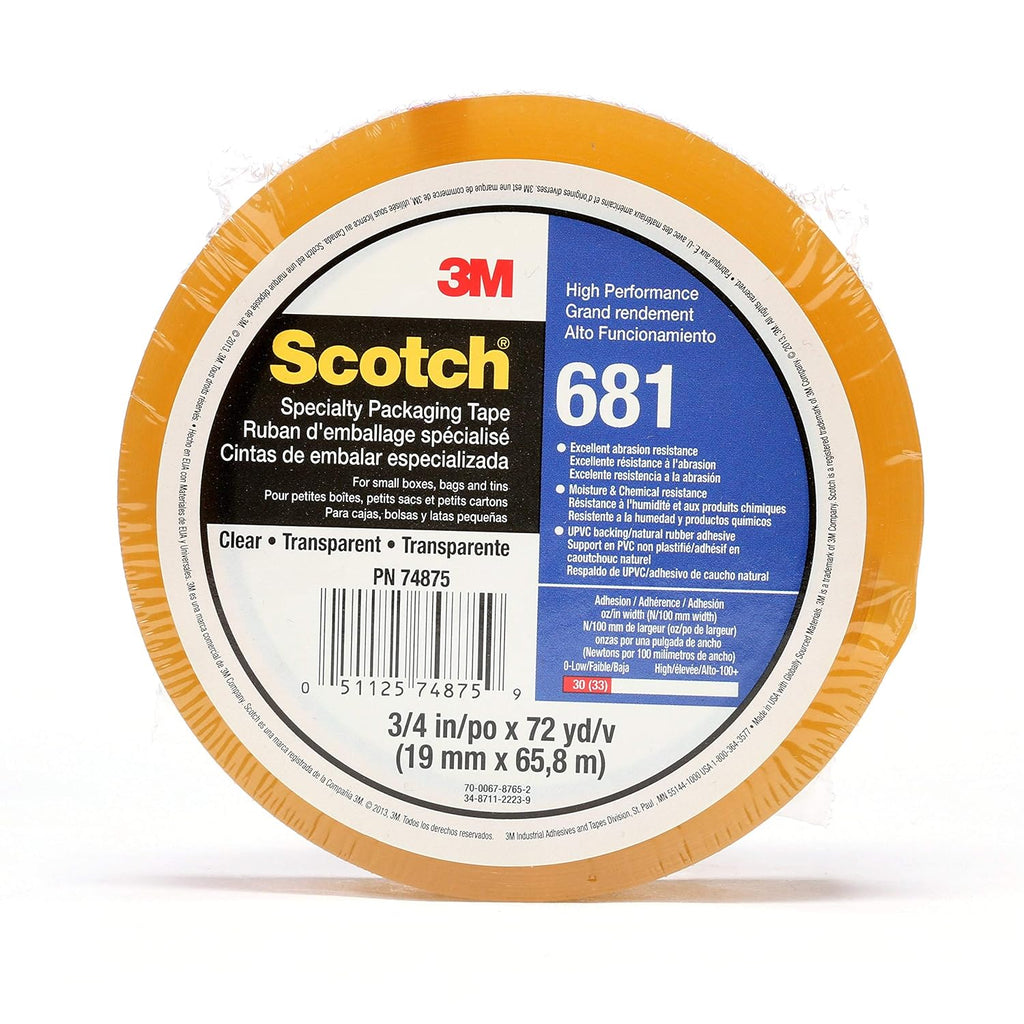 3M Scotch Light Duty Packaging Tape 681 Clear Moisture Chemical Resistant, 1 in x 72 yd, 36 per case