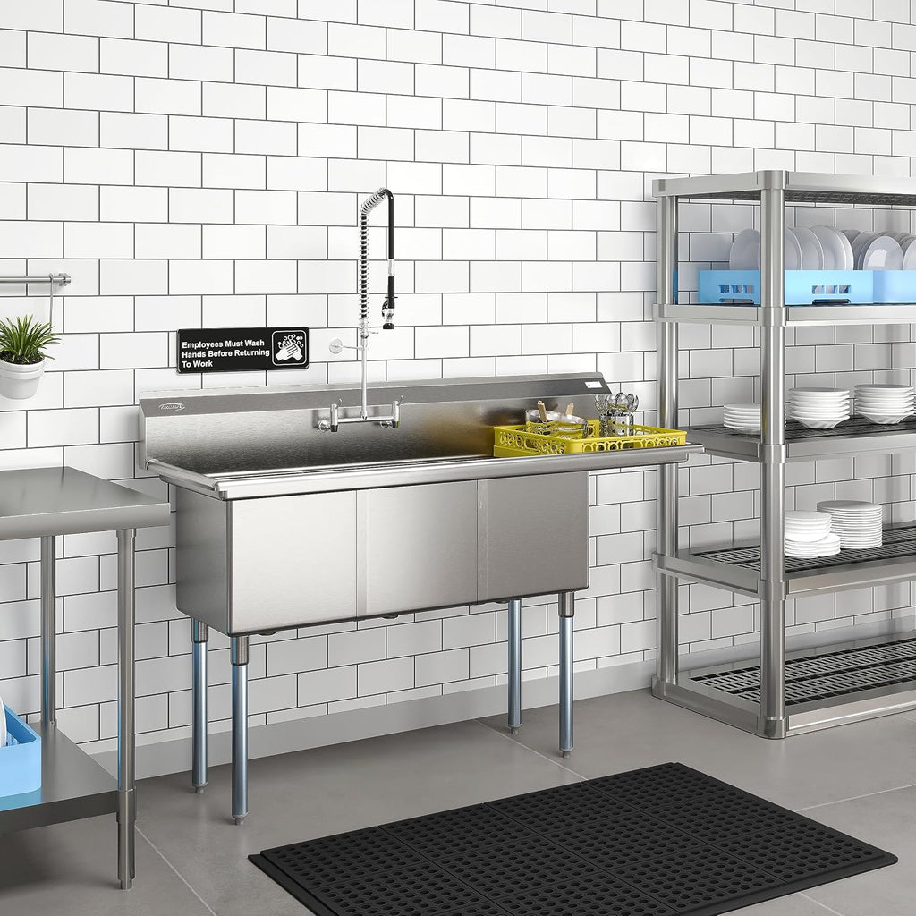 KoolMore 63 in. Three Compartment 16-Gauge Stainless-Steel NSF Commercial Kitchen Sink, Bowl Size 15x15x14, with Three Basins for Restaurants and Cafes with Right Drainboard (KM-SC151514-15R316)