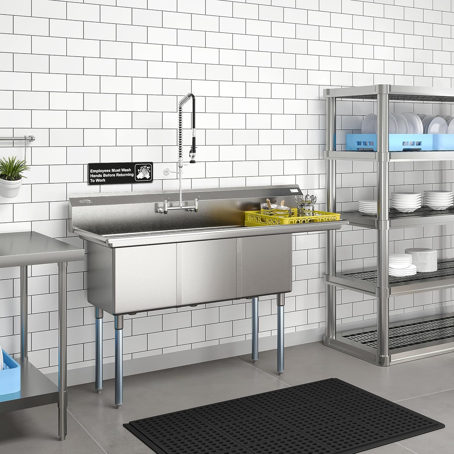 KoolMore 63 in. Three Compartment 16-Gauge Stainless-Steel NSF Commercial Kitchen Sink, Bowl Size 15x15x14, with Three Basins for Restaurants and Cafes with Right Drainboard (KM-SC151514-15R316)