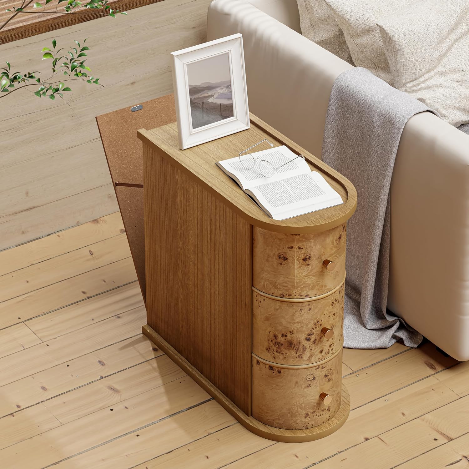 COZAYH 3-Drawer Wood Farmhouse End Table with Burl Finish, Narrow Rustic Sofa Side Tables with Metal Knobs, Slim Bedside Table with Back Storage Space for Living Room, Bedroom (Natural Burl)