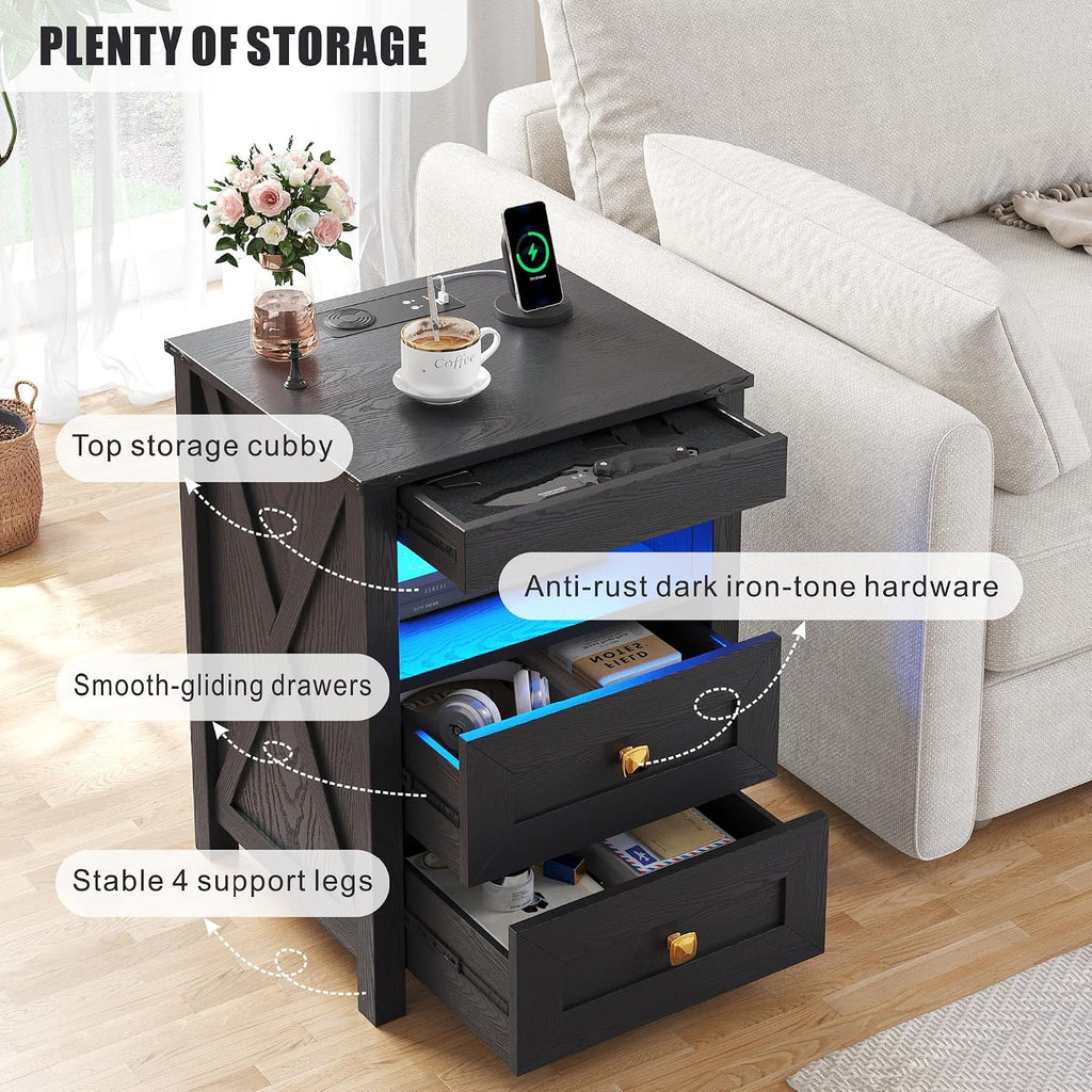 Farmhouse LED Nightstand Set 2 with Gun Drawer&Invisible Lock,Modern Bedside Table with Human Sensor Design,Rustic Side Table with Wireless Charging for Living Room, Black