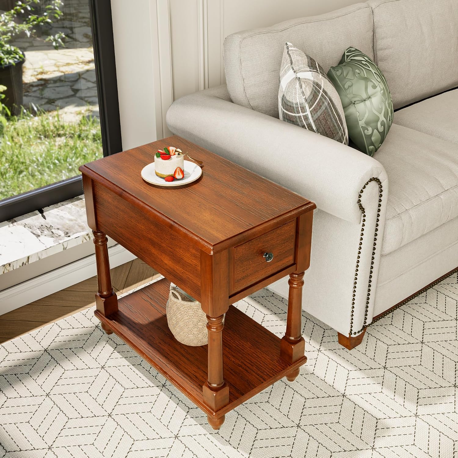 LEEMTORIG Solid Wood End Table Narrow Side Table with Drawer, Cherry Wood End Table living room, 13'W Slim Bedside Table Small Nightstand, 22'D x 22.3'H, No-tools Assembly, Beeswax Brown BBJ-004-DR