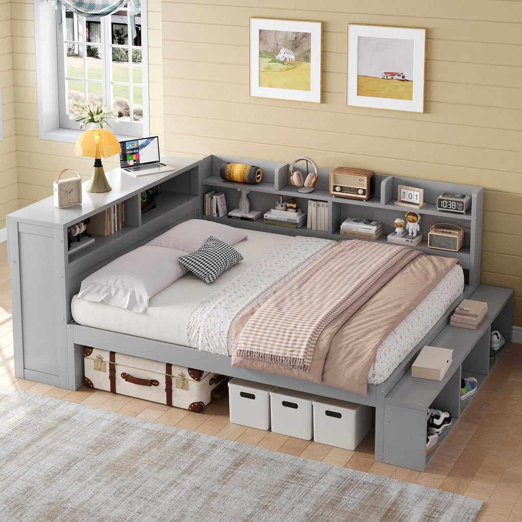 Merax Full Size Daybed with Storage Cabinets, Shoe Cabinet and USB Ports for Kids or Teens, Wood Full Daybed with Headboard, L-Shaped Corner Bed Full Size for Guestroom Living Room or Bedroom, Gray