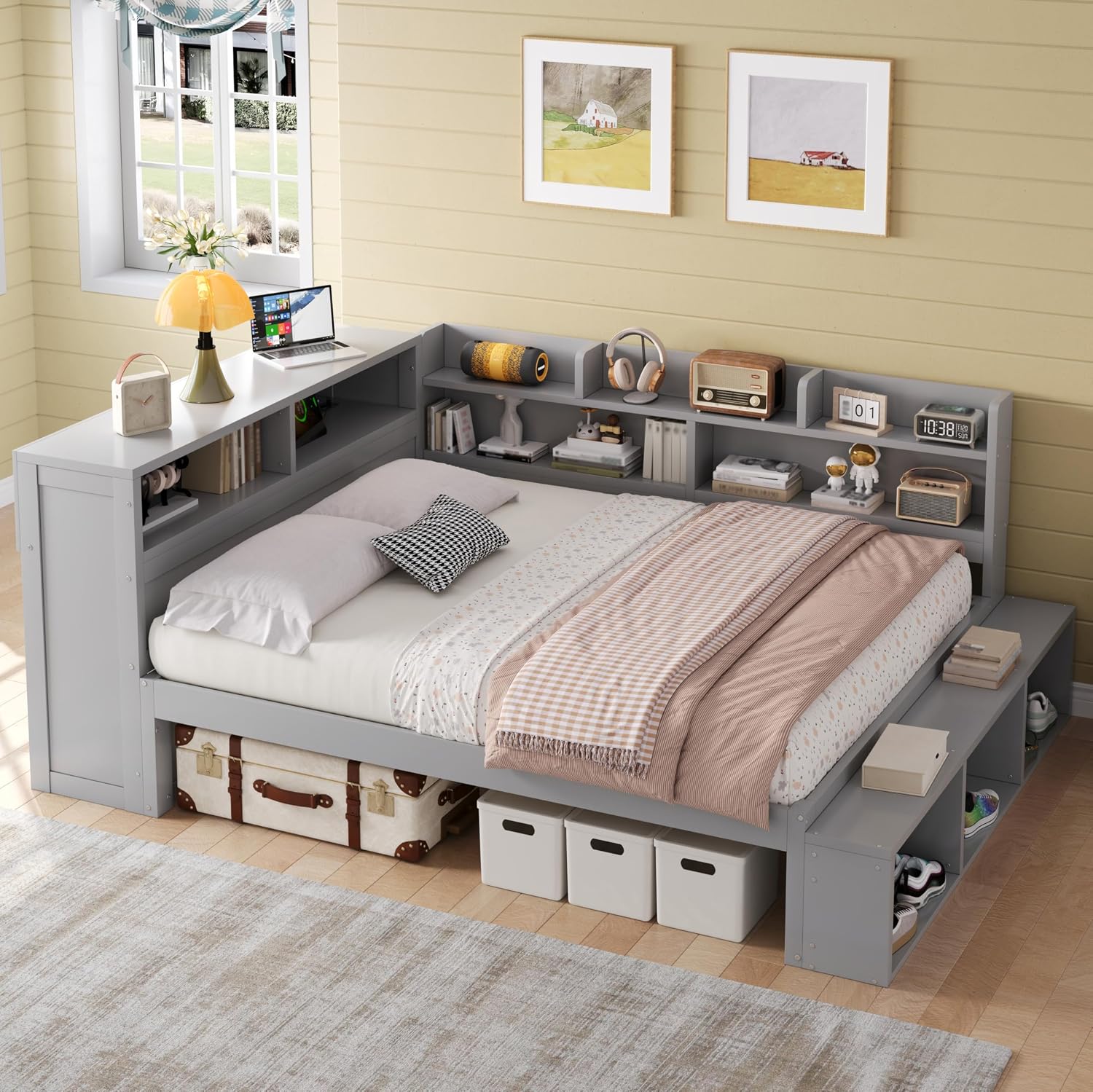 Merax Full Size Daybed with Storage Cabinets, Shoe Cabinet and USB Ports for Kids or Teens, Wood Full Daybed with Headboard, L-Shaped Corner Bed Full Size for Guestroom Living Room or Bedroom, Gray