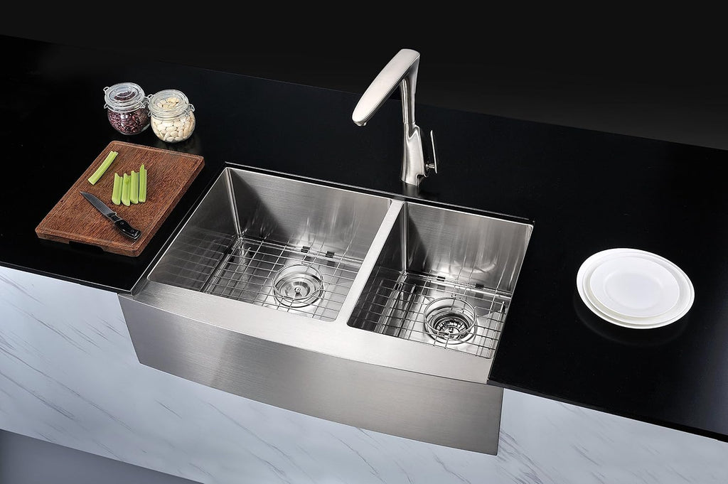 ANZZI Elysian 33' Farmhouse Stainless Steel 60/40 Double Bowl Kitchen Sink in Brushed Satin with Strainer, 18 Gauge Large Dual Deep Soak Basin Commercial Utility Prep Work Station, K-AZ3320-4A