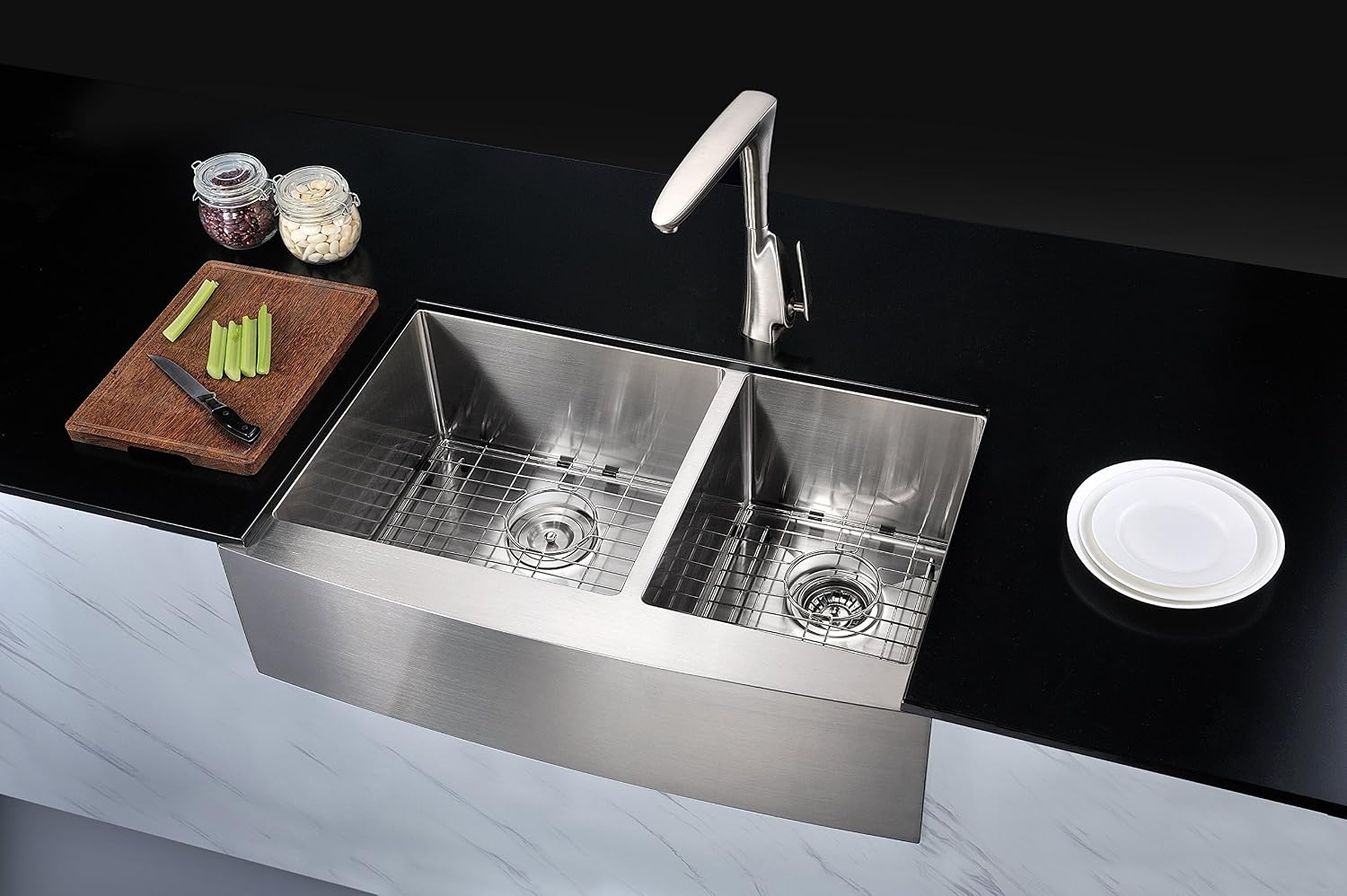 ANZZI Elysian 33' Farmhouse Stainless Steel 60/40 Double Bowl Kitchen Sink in Brushed Satin with Strainer, 18 Gauge Large Dual Deep Soak Basin Commercial Utility Prep Work Station, K-AZ3320-4A