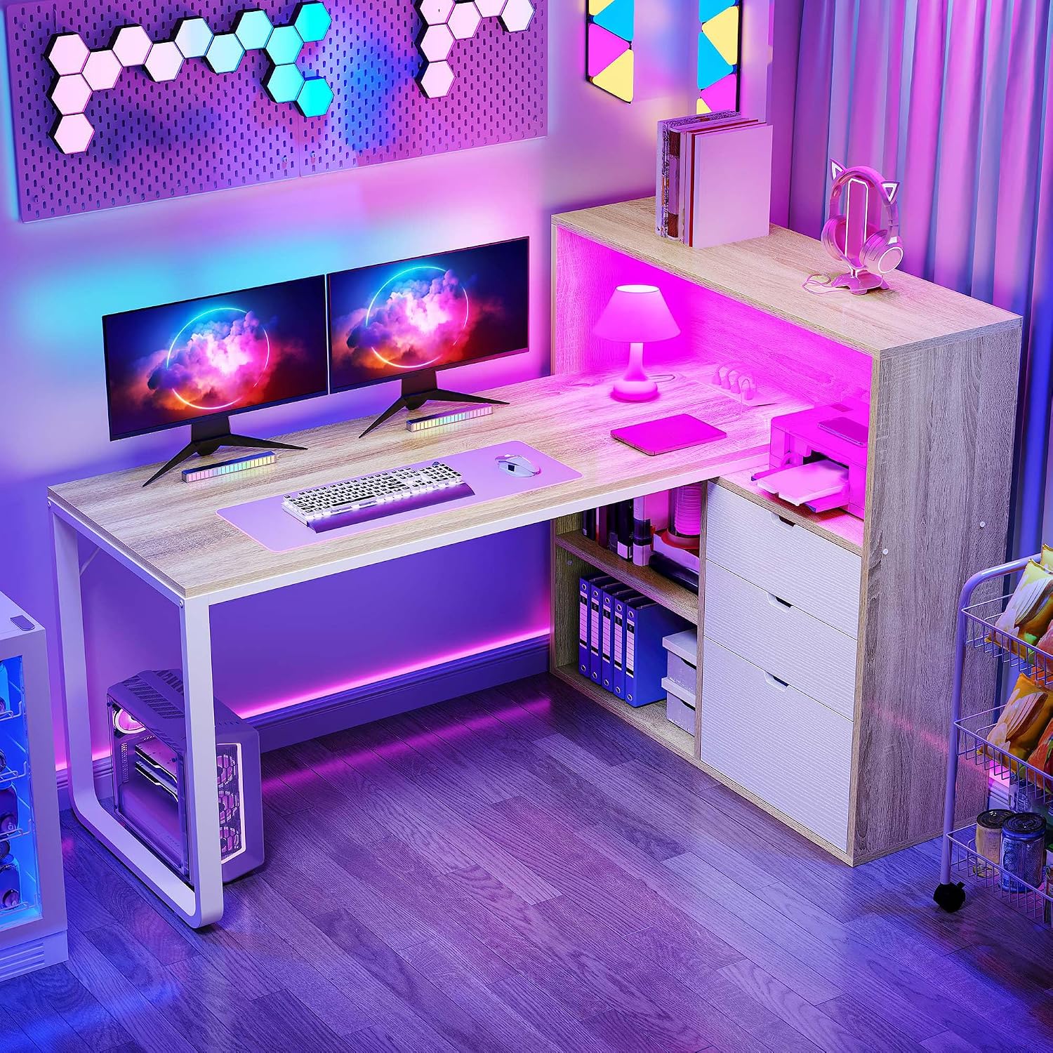 DWVO L Shaped Desk with Drawers, 55' Corner Computer Desk with Bookshelf & Power Outlets & LED Lights, Home Office Desk with Storage Shelves, Oak & White