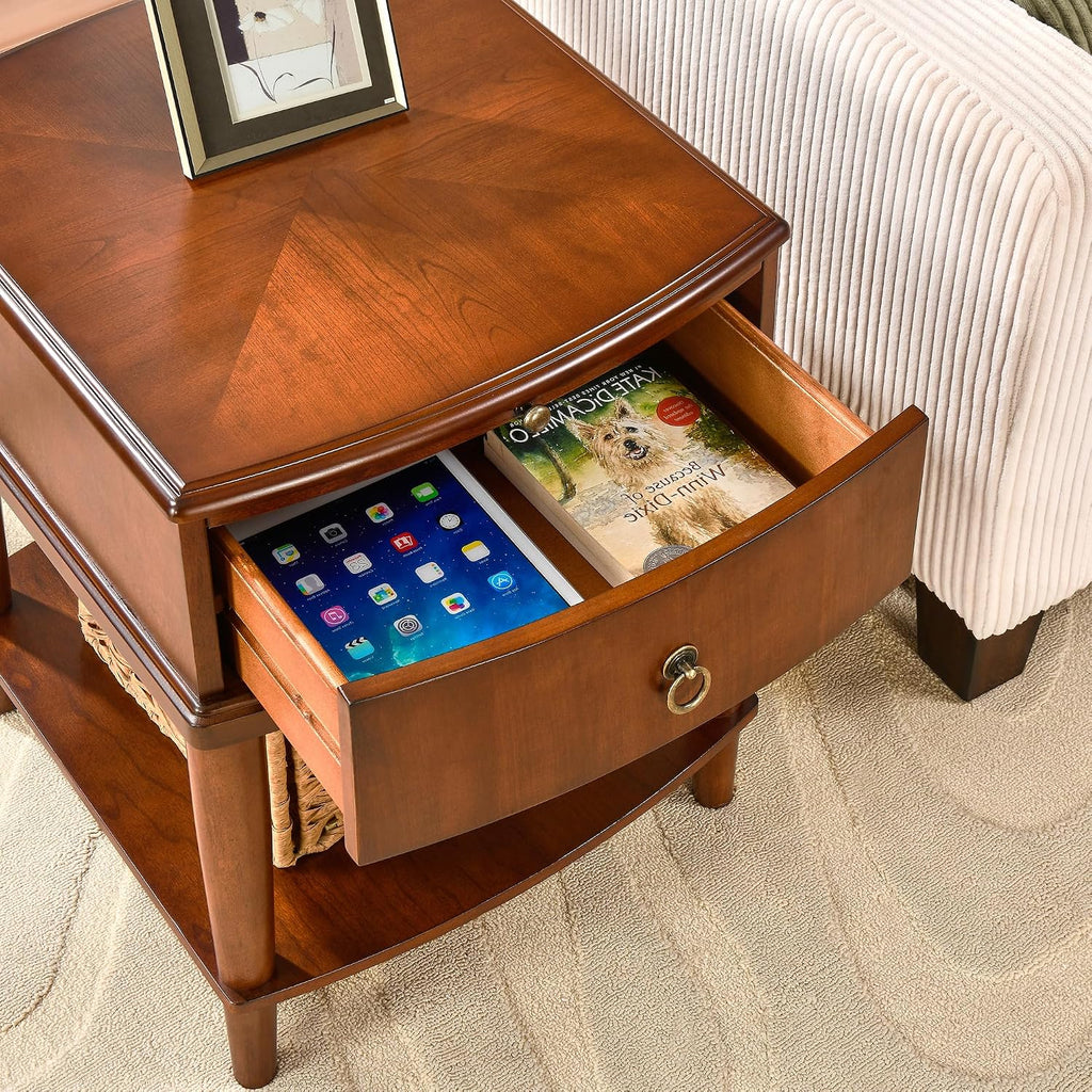 Farmhouse End Side Table with Pull-Out Tray And Storage Drawer, Sofa Beside Tables with Wood Leg, Nightstand, No-Tools Assembly 17.7'L x 19.7'W x 22.8'H for Living Room, Caramel Brown CJZ-A1569-MG