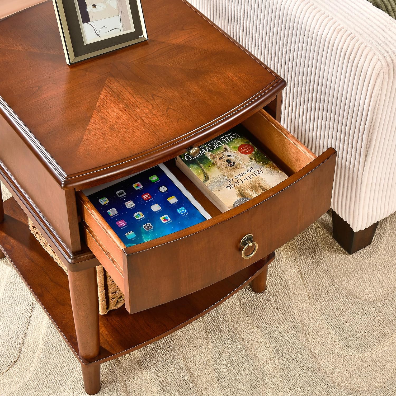 Farmhouse End Side Table with Pull-Out Tray And Storage Drawer, Sofa Beside Tables with Wood Leg, Nightstand, No-Tools Assembly 17.7'L x 19.7'W x 22.8'H for Living Room, Caramel Brown CJZ-A1569-MG