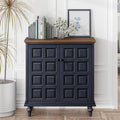 Aoikax Retro 2 Door Storage Cabinet with Plaid Pattern Front, Vintage Side Table for Bedroom, Living Room, Handles, Two-Shelves, Pine Wood, Dark Blue, Natural Wood