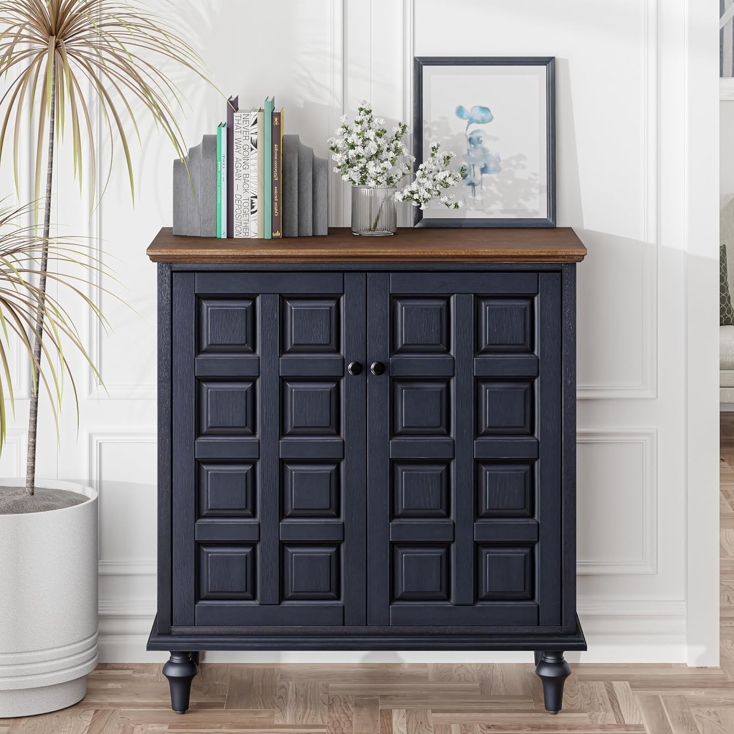 Aoikax Retro 2 Door Storage Cabinet with Plaid Pattern Front, Vintage Side Table for Bedroom, Living Room, Handles, Two-Shelves, Pine Wood, Dark Blue, Natural Wood