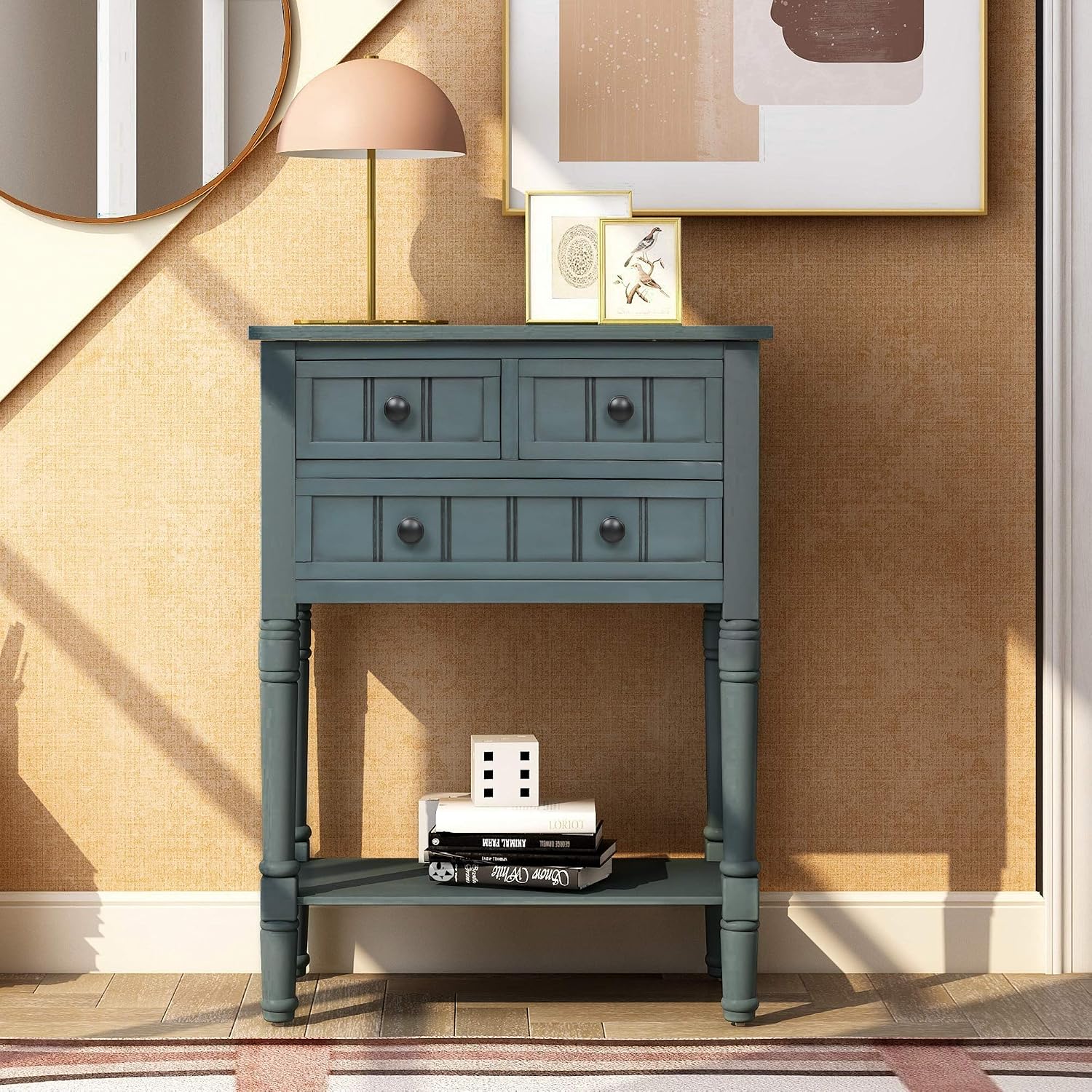 Knocbel Slim Antique Entry Console Table with Drawers & Bottom Open Shelf, Solid Wood Sofa Couch Table for Entryway Hallway Living Room (Navy)
