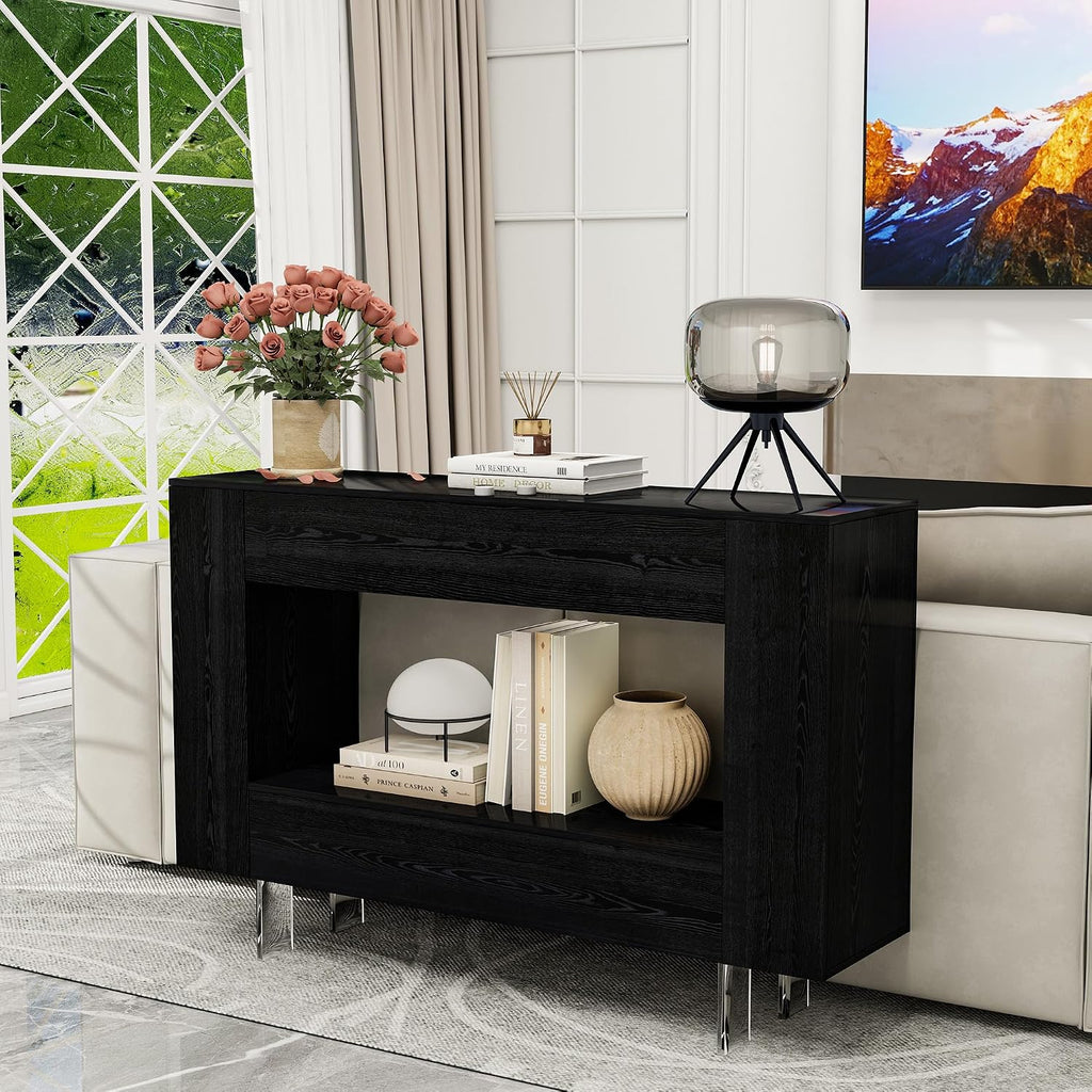 47' Narrow Console Table with Hidden Side Storage Cabinets, Adjustable Shelves, Modern Black Entryway Sofa Table for Behind The Couch, Living Room, Hallway