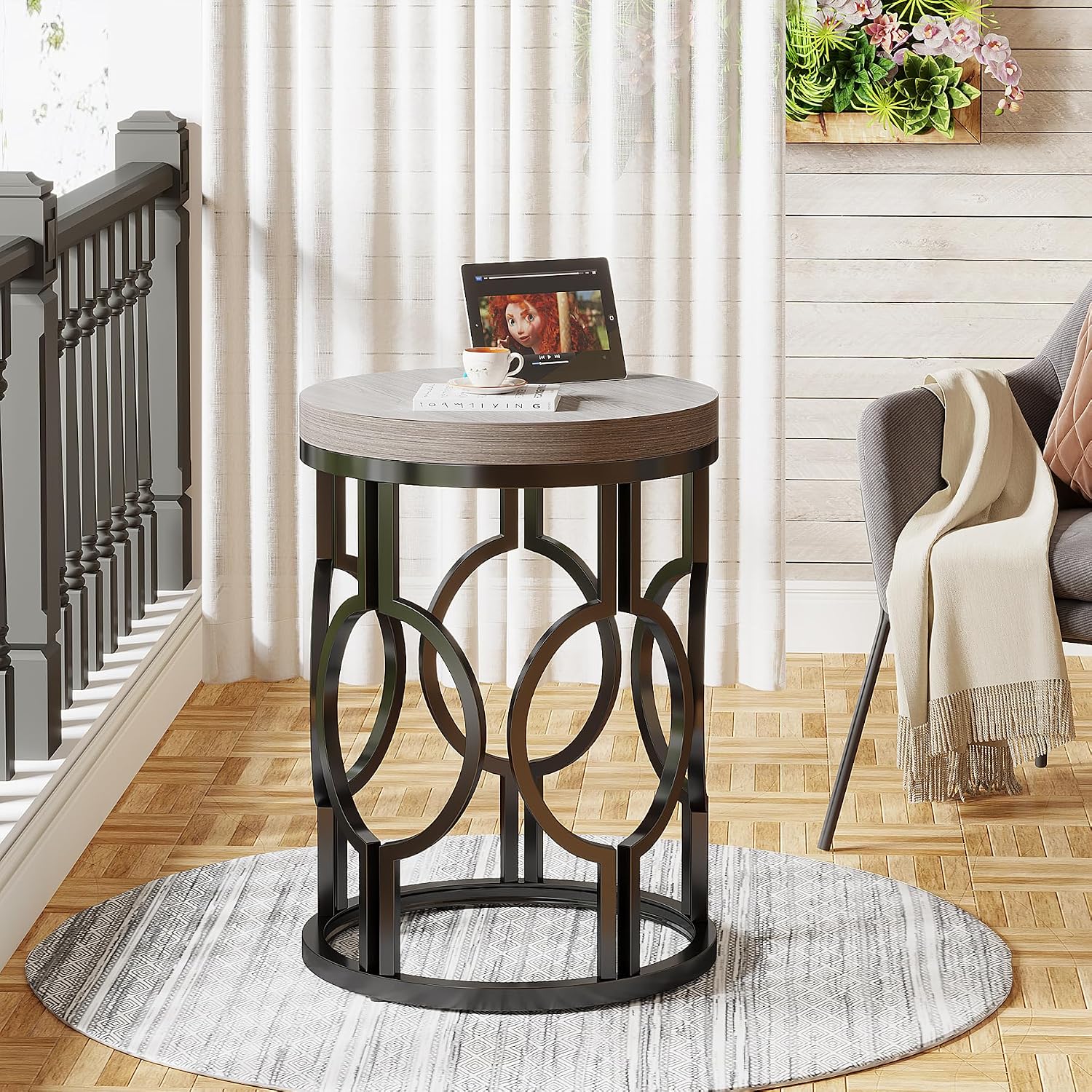 Tribesigns Round End Table, Industrial Side Table with Metal Hollow Frame, Small Bedside Table Nightstand for Living Room, Bedroom, Easy Assembly (Grey,1PC)