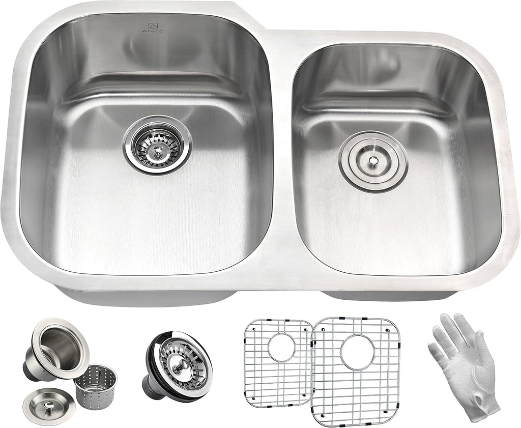ANZZI Moore 32 Inch 304 Stainless Steel Undermount Double Kitchen Sink with 60/40 Split, 16 Gauge Deep Soak Dual Basin Bowl Kitchen Sink with Bottom Grid, Strainer, and Drain, K-AZ3220-3B
