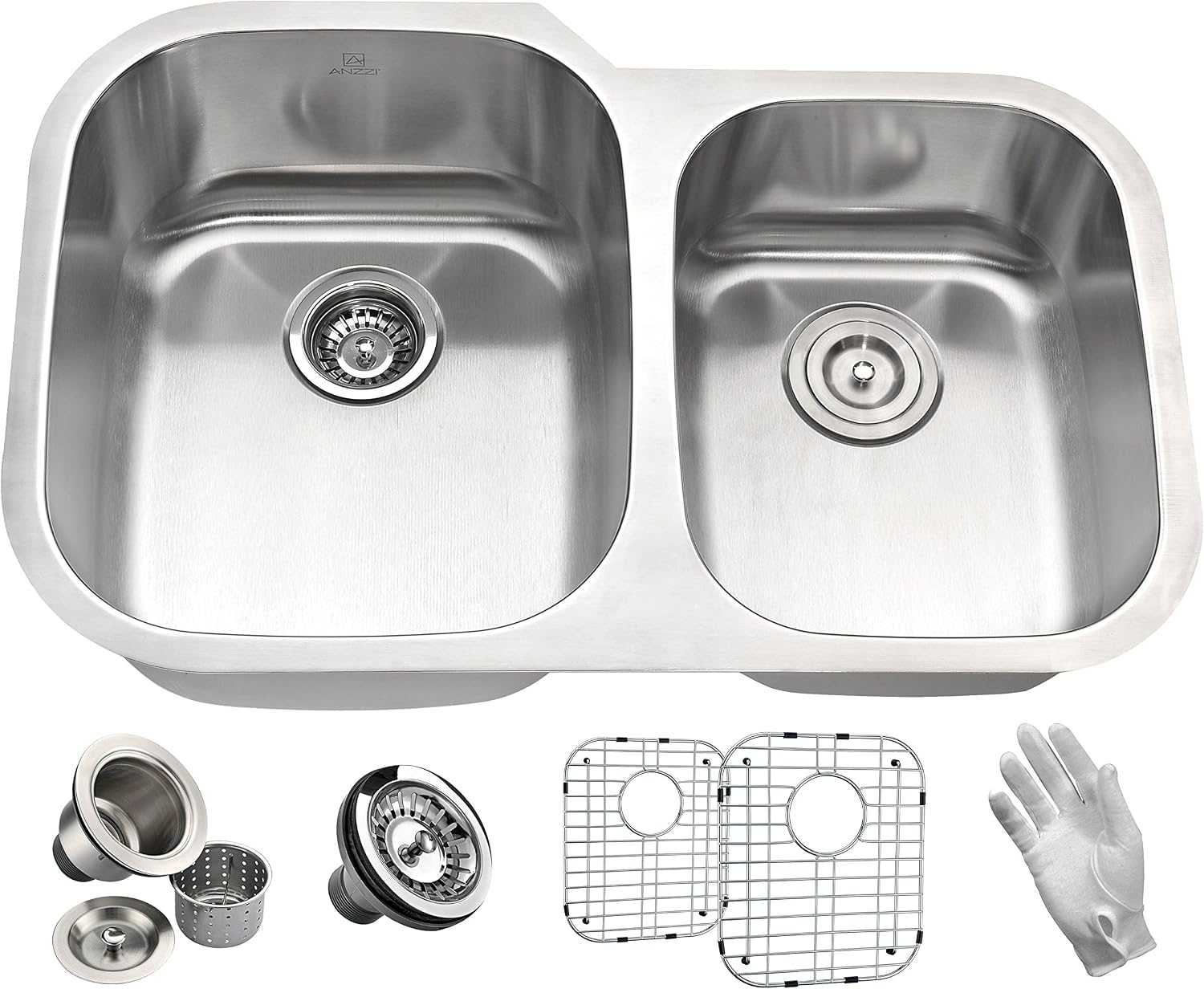 ANZZI Moore 32 Inch 304 Stainless Steel Undermount Double Kitchen Sink with 60/40 Split, 16 Gauge Deep Soak Dual Basin Bowl Kitchen Sink with Bottom Grid, Strainer, and Drain, K-AZ3220-3B