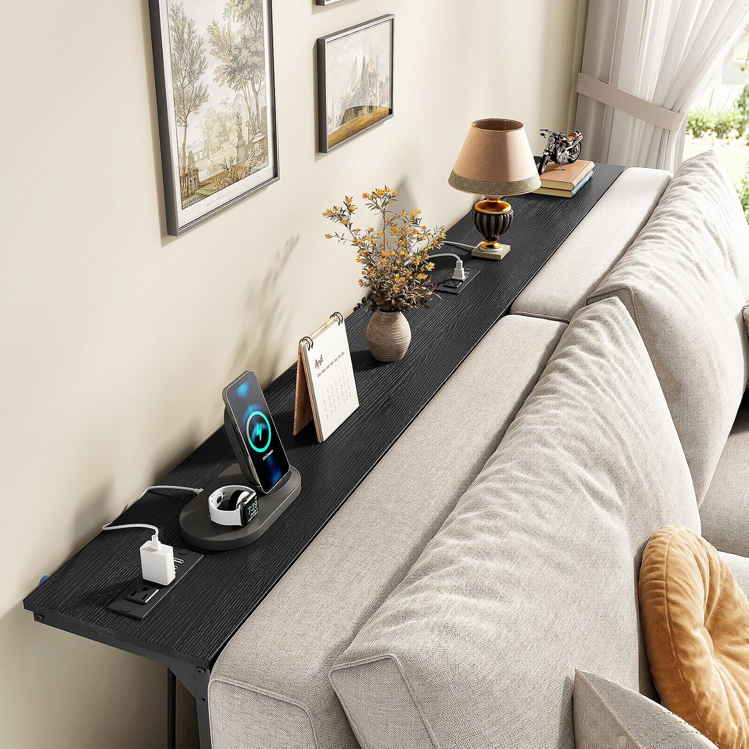 Kitstorack 2-Pack Black Console Table, 7.9' Deep Panel, Adjustable Height (25'-33') & with 2 Power Outlets, Behind Sofa Couch Table, Use Together or Separately - 78.8' Total Long