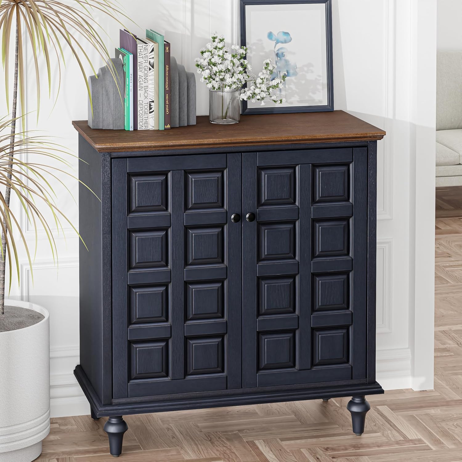 Aoikax Retro 2 Door Storage Cabinet with Plaid Pattern Front, Vintage Side Table for Bedroom, Living Room, Handles, Two-Shelves, Pine Wood, Dark Blue, Natural Wood