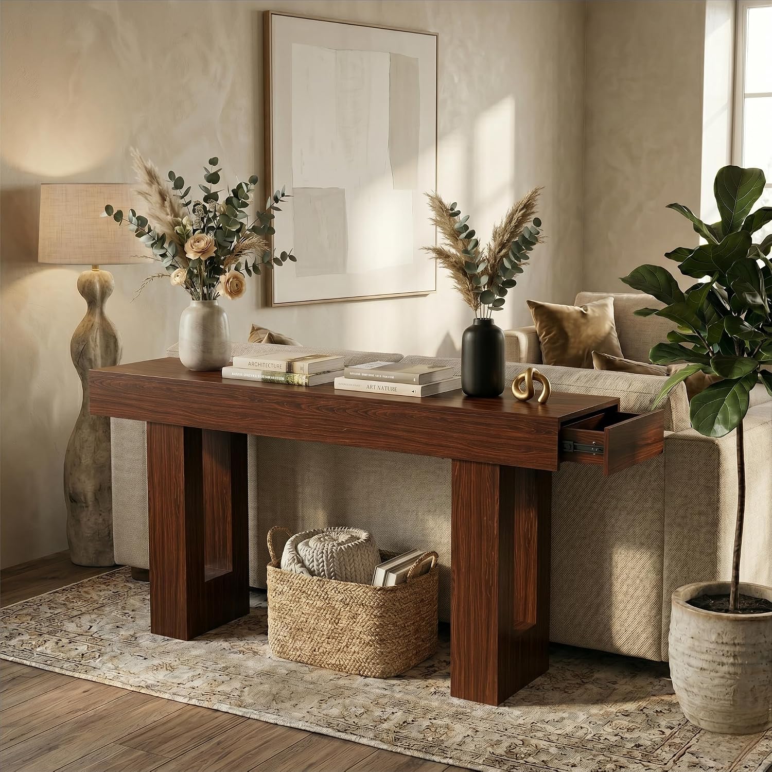FURSUN 63' Console Table with 2 Drawers, Slim Entryway Table for Hallway, Narrow Sofa Table Behind Couch, Farmhouse Long Wood Accent Table for Foyer & Living Room, Dark Walnut