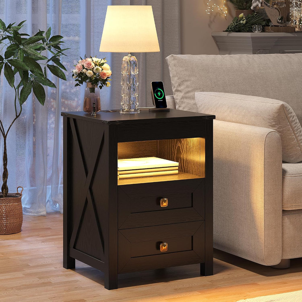 Farmhouse LED Nightstand with Gun Drawer&Invisible Lock,Modern Bedside Table with Human Sensor Design,Rustic Side Table with Wireless Charging for Living Room, Black