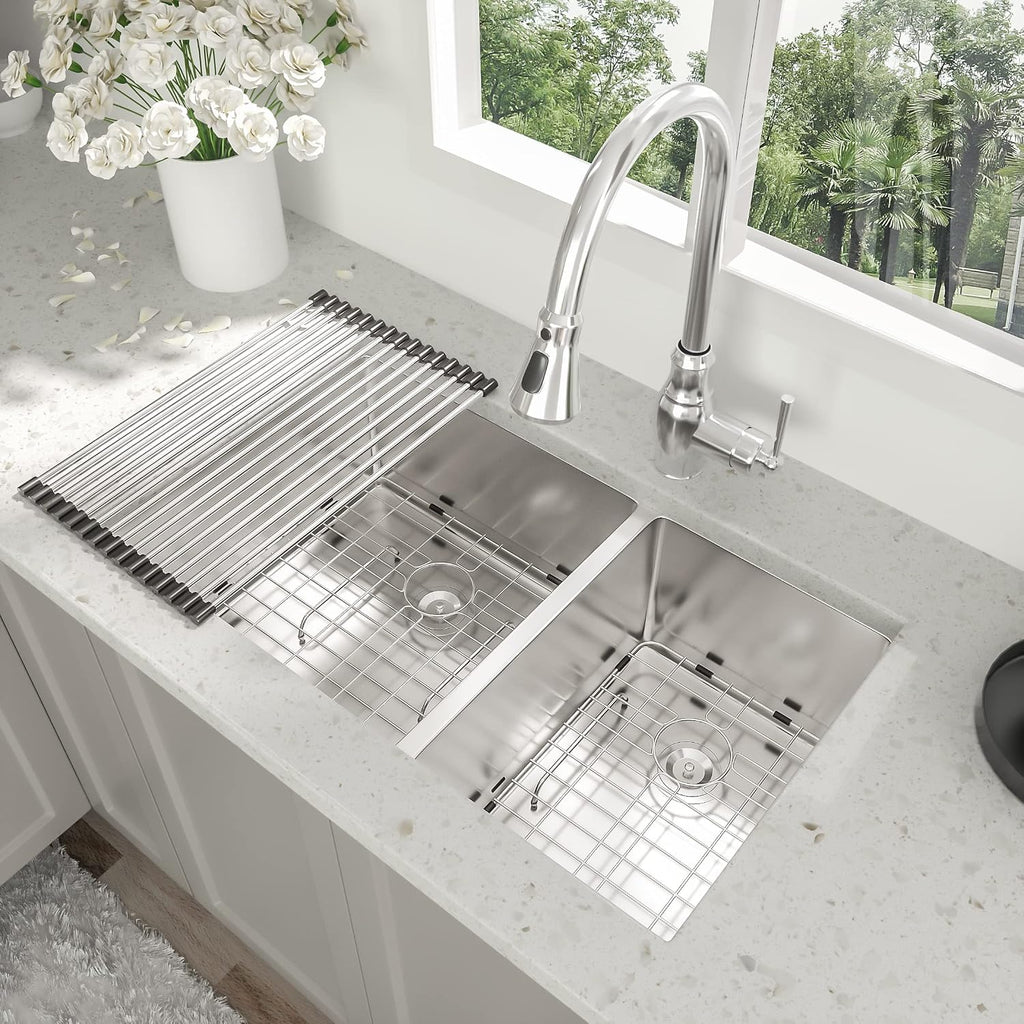 33 Undermount Double Bowl Kitchen Sink - Beslend 33x19x10 Inch Double Sink Stainless Steel Undermount Sinks 16 Gauge 60/40 Double Bowl Sinks