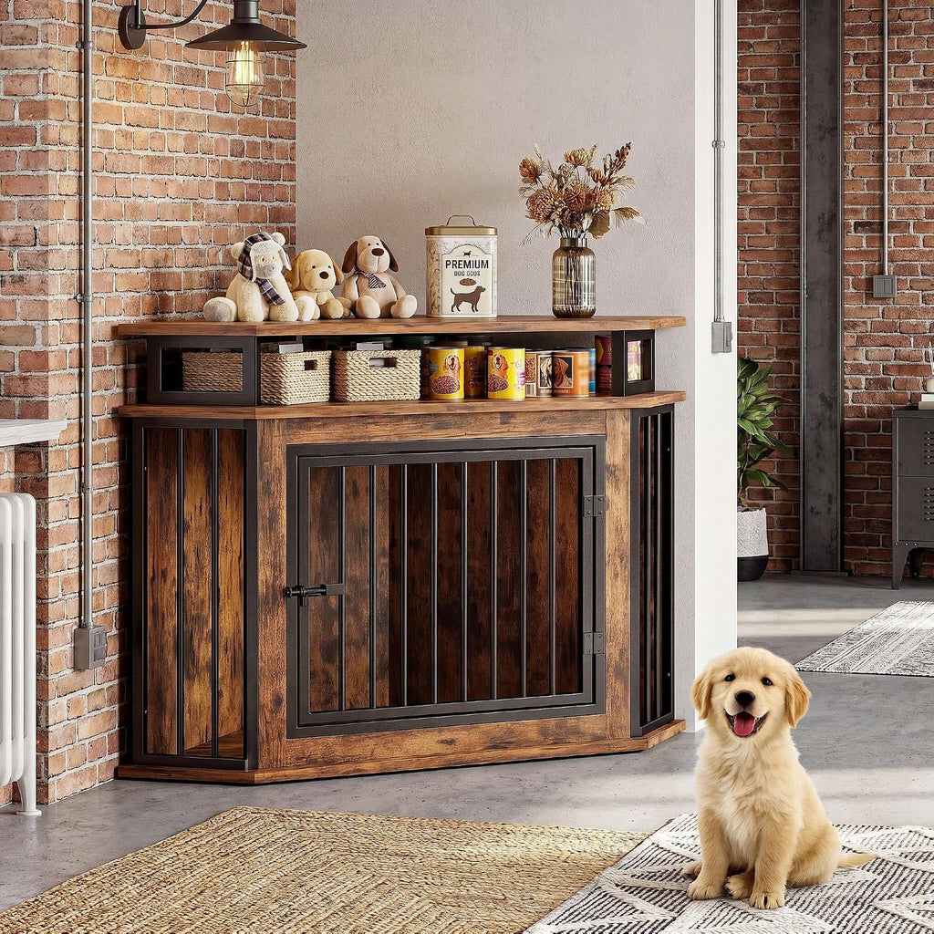 IRONCK 43.3' Corner Dog Crate Furniture with 2-Tier Shelves, Wooden Dog Kennel Indoor, Space-Saving Furniture Style Dog Cage for Small and Medium Dogs, Rustic Brown (23.6' L x 43.3' W x 32' H)