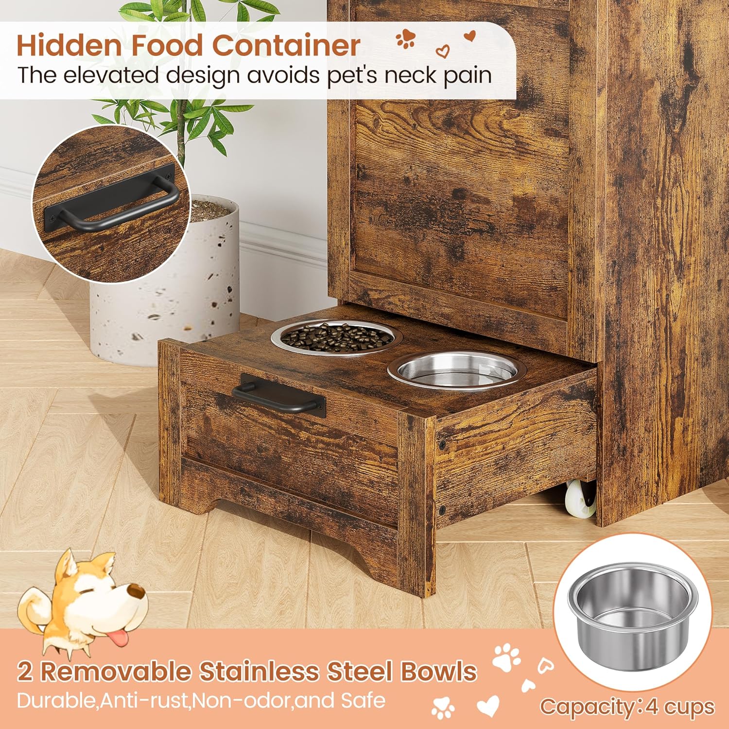 Garvee Dog Feeding Station with 2 Elevated Bowls, Dog Food Storage Cabinet, Flip Top Pet Feeding Station, Food Storage Container, Pet Toy Organizer, Brown