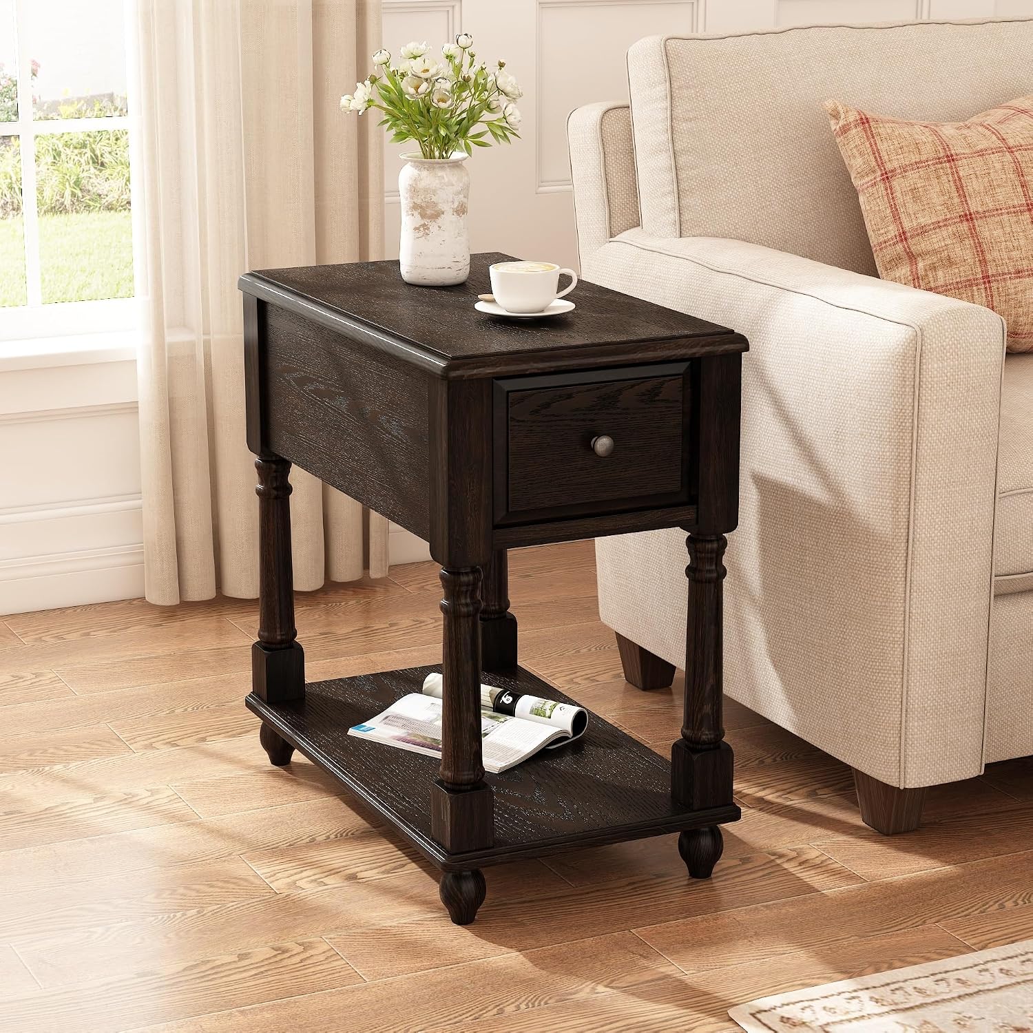 Narrow Open End Table with Drawer, Solid Wood Side Table 2-Tier Skinny Table with Storage Shelves Slim Nightstand Small Sofa End Table for Living Room Bedroom-Antique Black 004BK