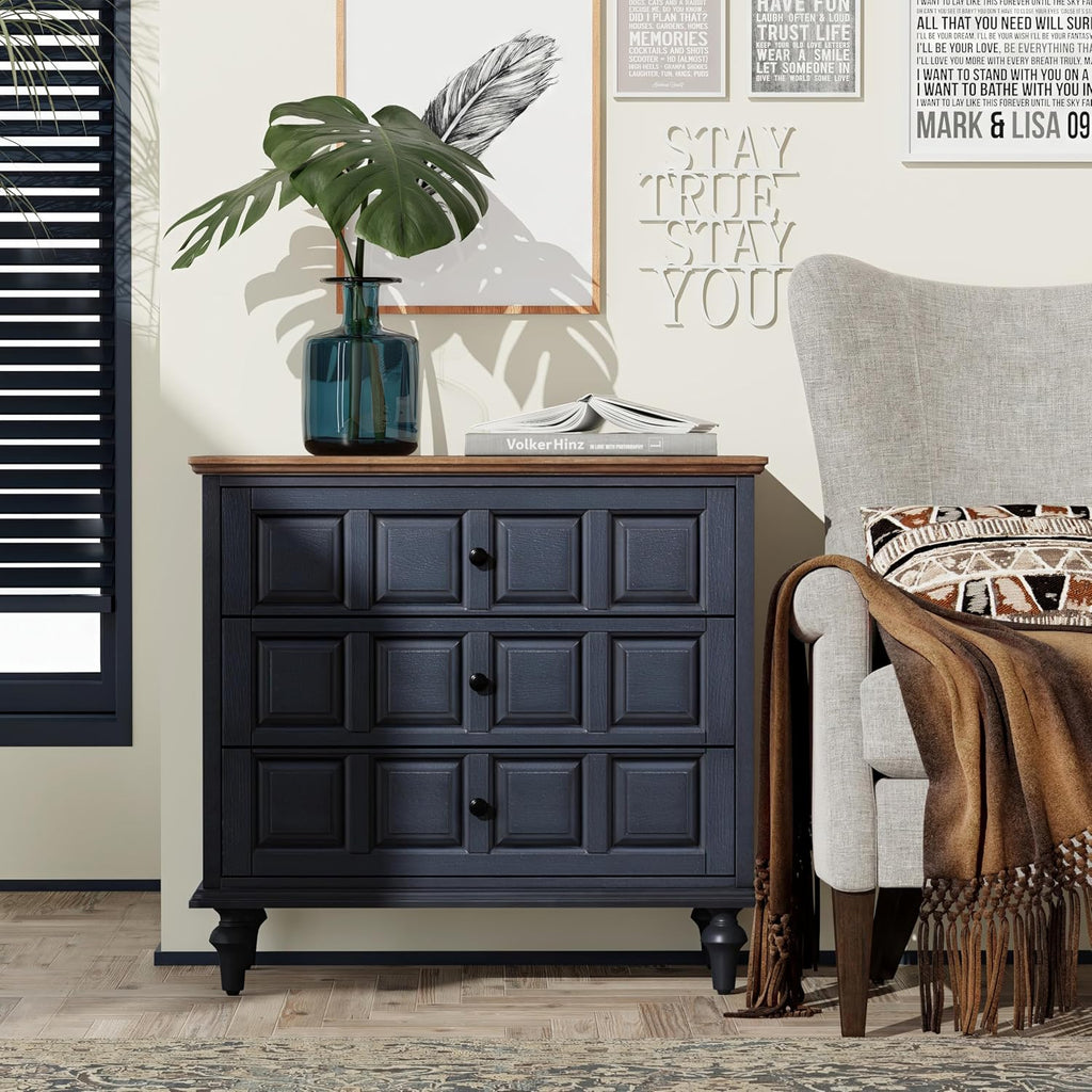 Aoikax Retro 3 Drawer Dresser with Plaid Pattern Front, Rustic Nightstand with Storage Chest for Bedroom, Living Room, Pine Wood, Aluminum Handle, Natural Wood, Dark Blue