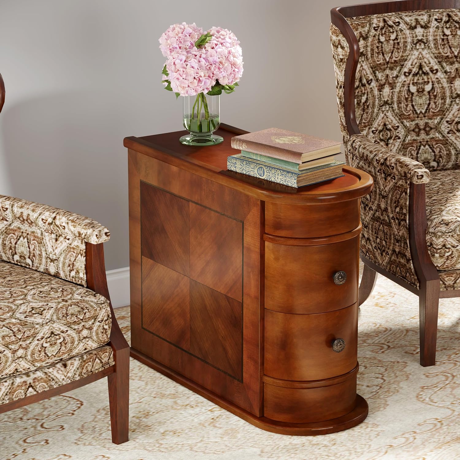 Wood End Table with 2 Drawers, No Assembly Required Narrow Sofa Side Table for Living Room, Vintage Slim Nightstand Bedside Table for Bedroom (2 Drawers, Brown, 1Pc)