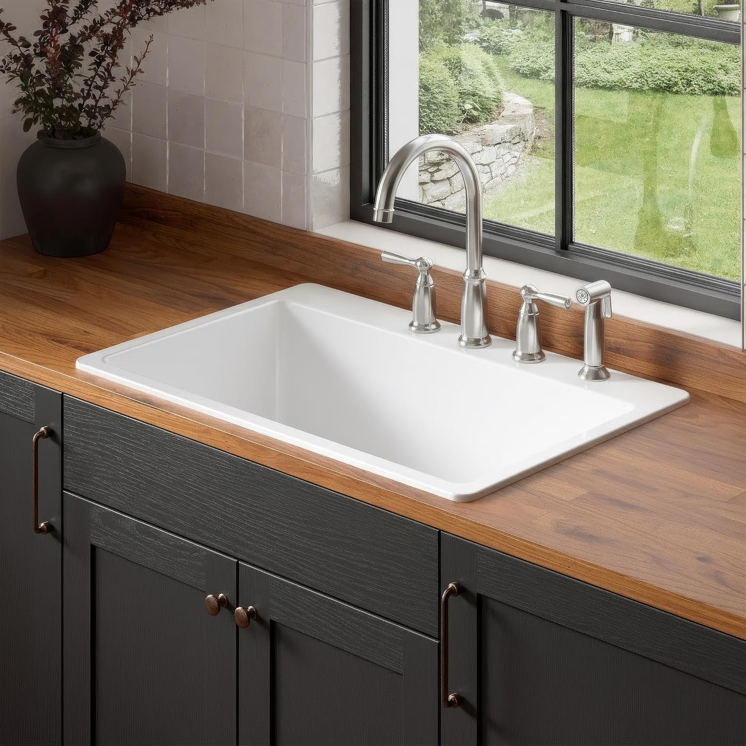 Sinkology Jackson 33 Inch White Fireclay Drop-In Kitchen Sink, Single Bowl, 4 Faucet Holes, Fits 36 Inch Cabinet, Surefire Finish