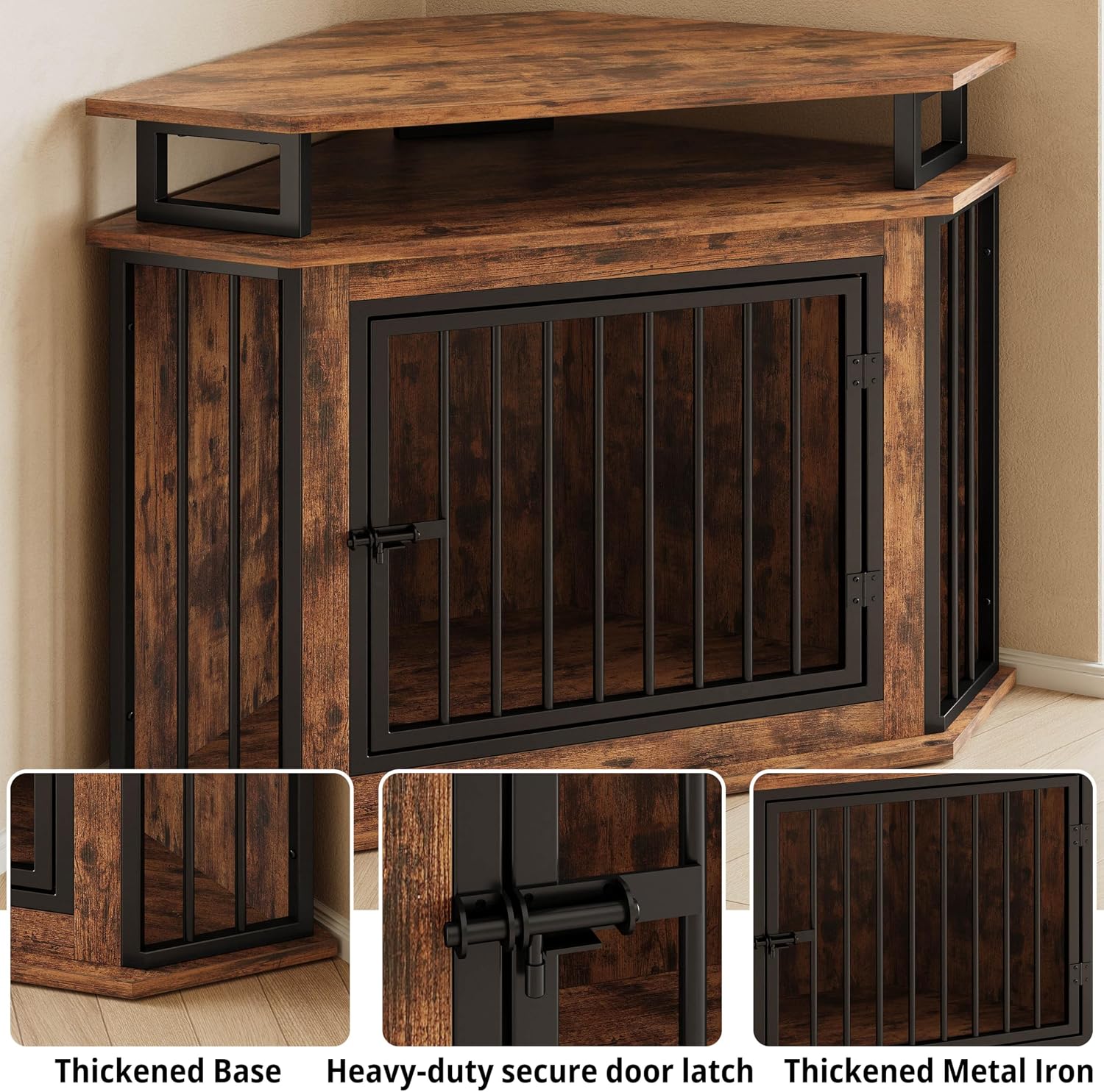 IRONCK 43.3' Corner Dog Crate Furniture with 2-Tier Shelves, Wooden Dog Kennel Indoor, Space-Saving Furniture Style Dog Cage for Small and Medium Dogs, Rustic Brown (23.6' L x 43.3' W x 32' H)