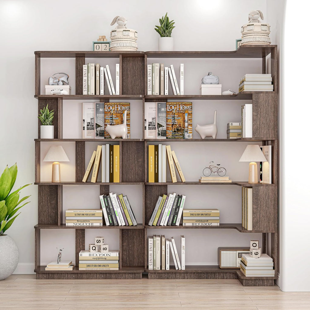 Corner Bookshelf, L Shaped, Set of 2,Dark Brown | Modular Geometric Design, Large Storage Display, Freestanding Wooden Unit, For Living Room Home Office