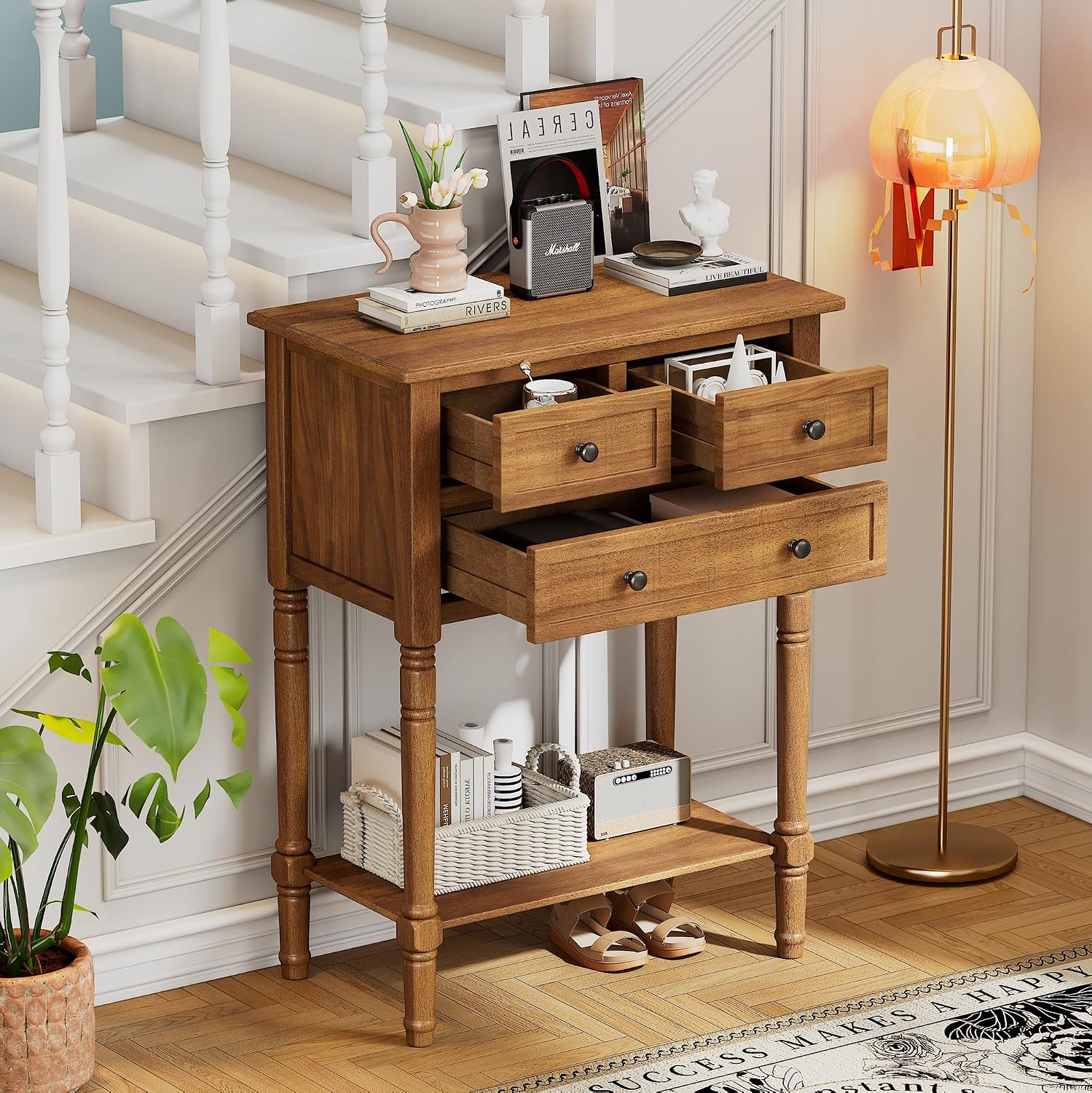 Knocbel Slim Antique Entry Console Table with 3 Drawers & Bottom Open Shelf, Solid Wood Narrow Sofa Couch Table for Entryway Hallway Living Room 23.7' W x 13' D x 31.4' H Natural