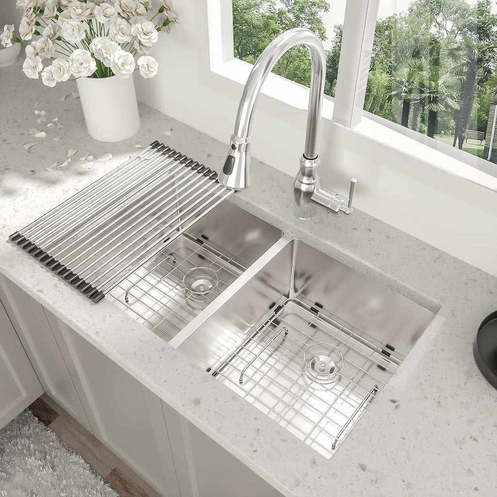 33 Undermount Double Bowl Kitchen Sink - Beslend 33x19x10 Inch Double Sink Stainless Steel Undermount Sinks 16 Gauge 50/50 Double Bowl Sinks