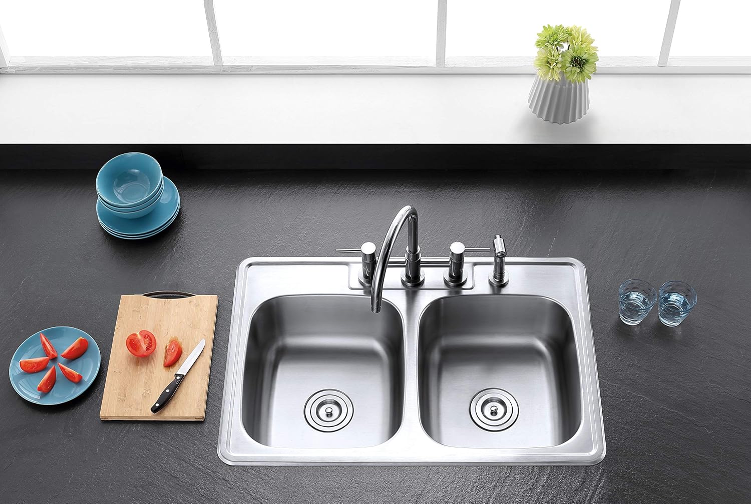 Kingston Brass Gourmetier GKTD33226 Studio Self-Rimming Double Bowl Kitchen Sink, 33-Inch L × 22-Inch W × 6-Inch H, Brushed Stainless Steel
