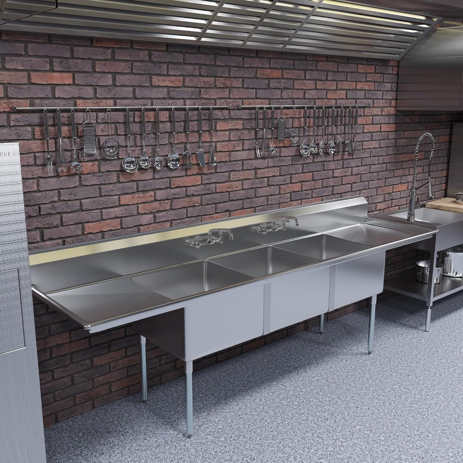 120 in. x 30 in. Stainless Steel Three Compartment Sink with 24 in. x 24 in. x 14 in. Bowls and Dual 24 in. Drainboards