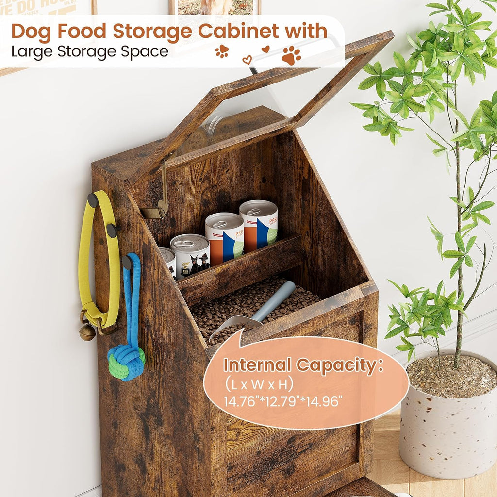 Dog Feeding Station with 2 Elevated Bowls, Pet Feeding Station,Flip Top Dog Food Storage Cabinet, Food Storage Container,Pet Toy Organizer,Modern Organizer,Brown