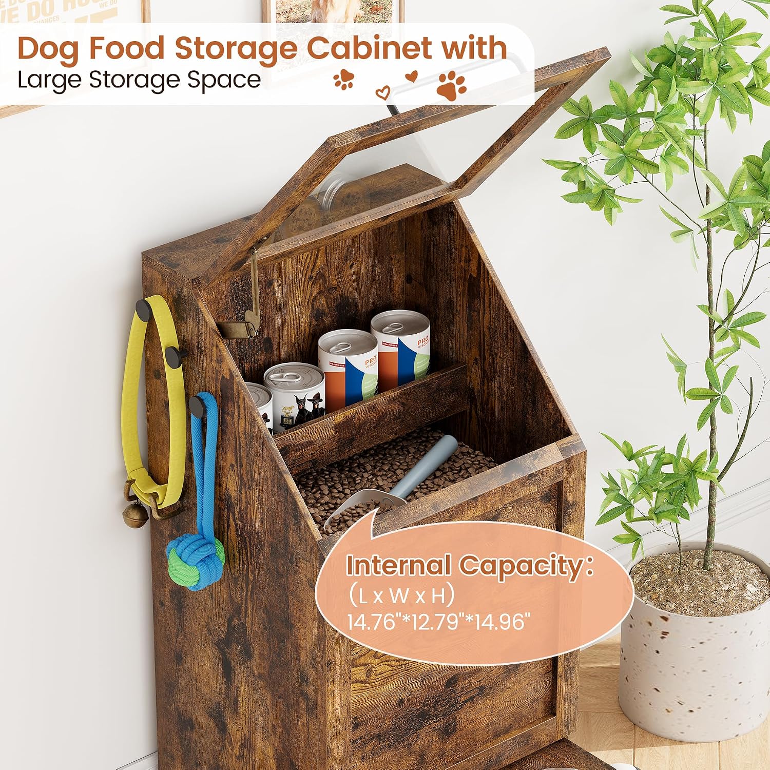 Dog Feeding Station with 2 Elevated Bowls, Pet Feeding Station,Flip Top Dog Food Storage Cabinet, Food Storage Container,Pet Toy Organizer,Modern Organizer,Brown