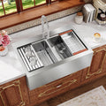 Rhbamoa Double Farmhouse Sink 36 Inch,16-Gauge T304 Stainless Steel Drop In Farm Sink,50/50 Topmount Double Bowl Apron Front Farm Sinks,10 Inch Deep Workstation Sinks with All Accessories