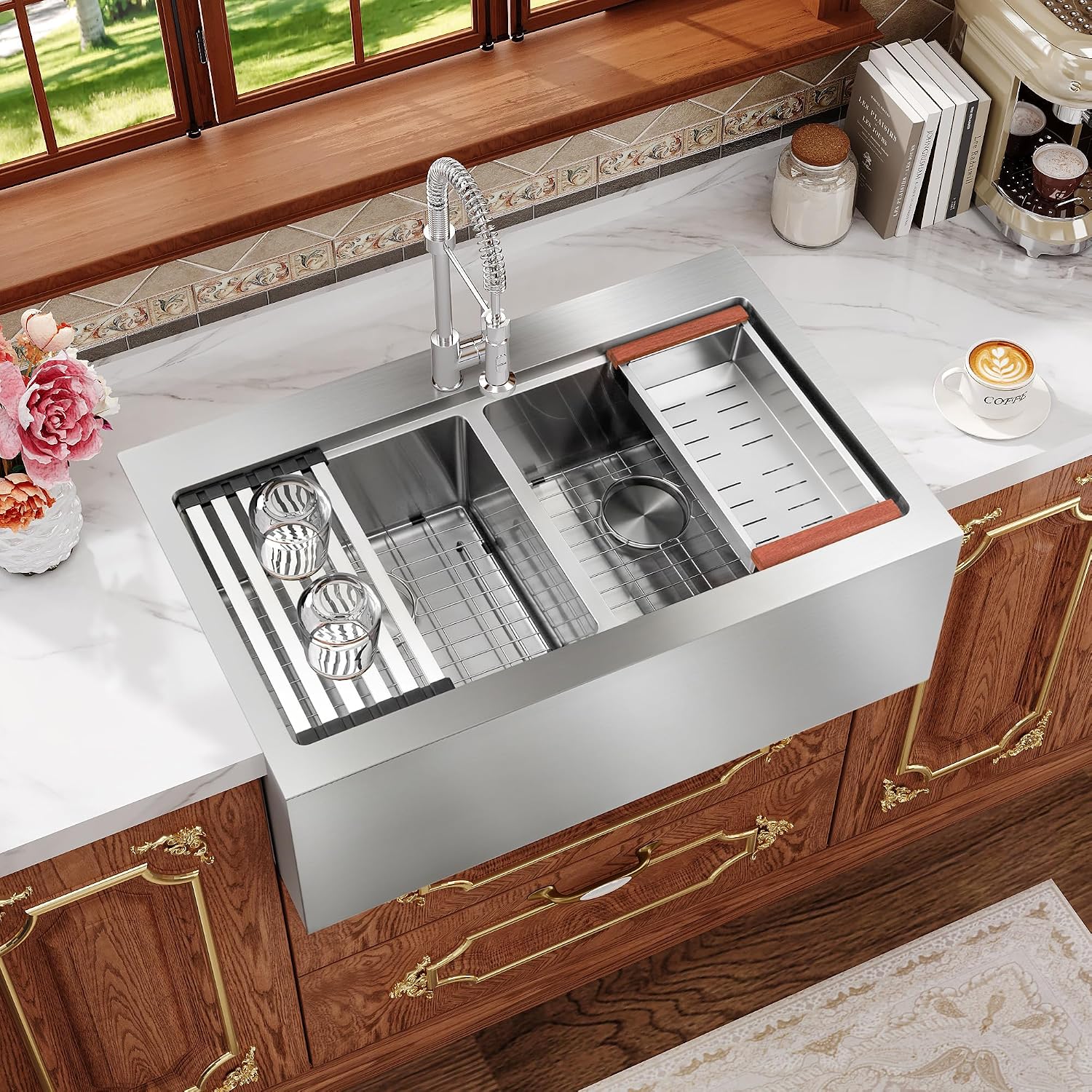 Rhbamoa Double Farmhouse Sink 36 Inch,16-Gauge T304 Stainless Steel Drop In Farm Sink,50/50 Topmount Double Bowl Apron Front Farm Sinks,10 Inch Deep Workstation Sinks with All Accessories