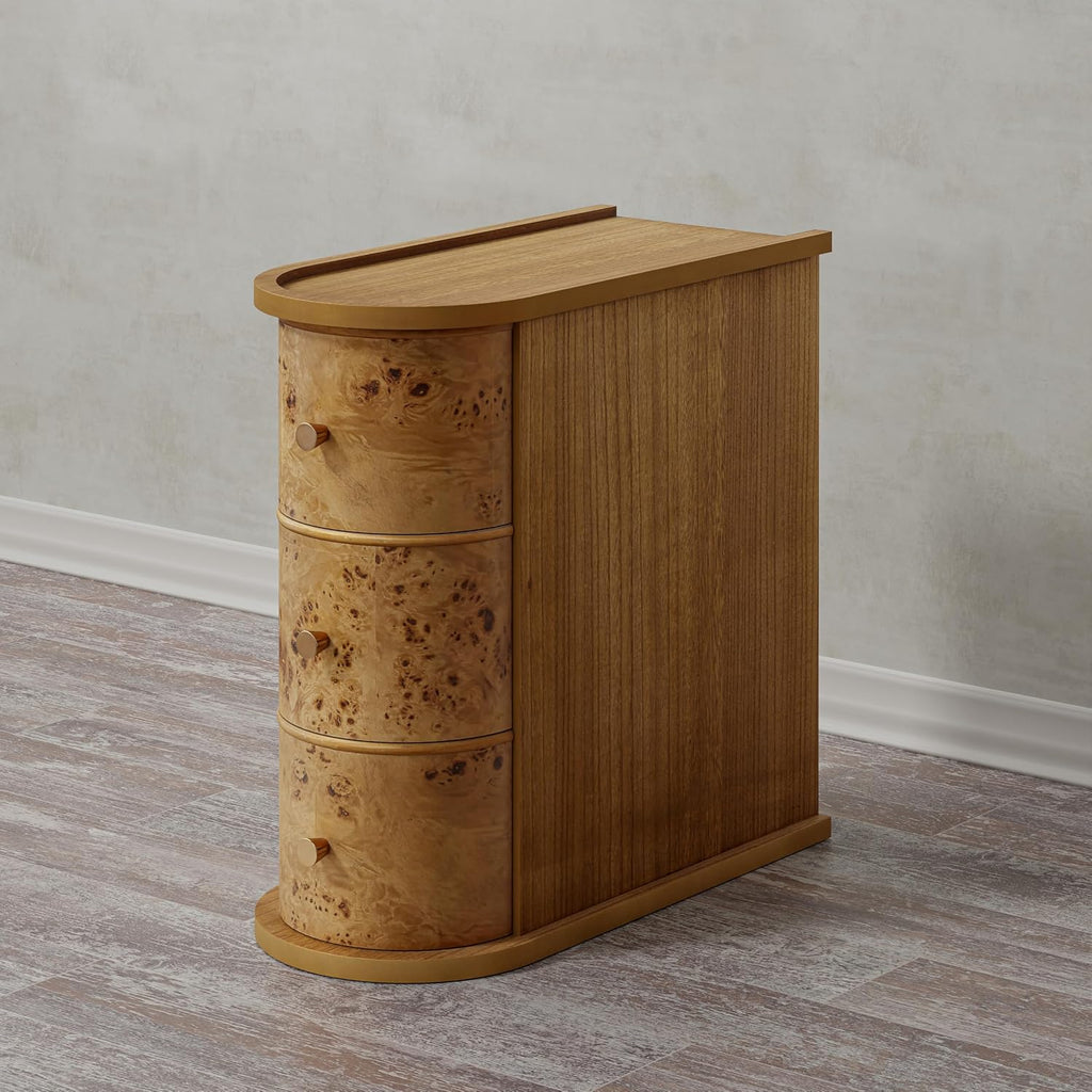 COZAYH 3-Drawer Wood Farmhouse End Table with Burl Finish, Narrow Rustic Sofa Side Tables with Metal Knobs, Slim Bedside Table with Back Storage Space for Living Room, Bedroom (Natural Burl)
