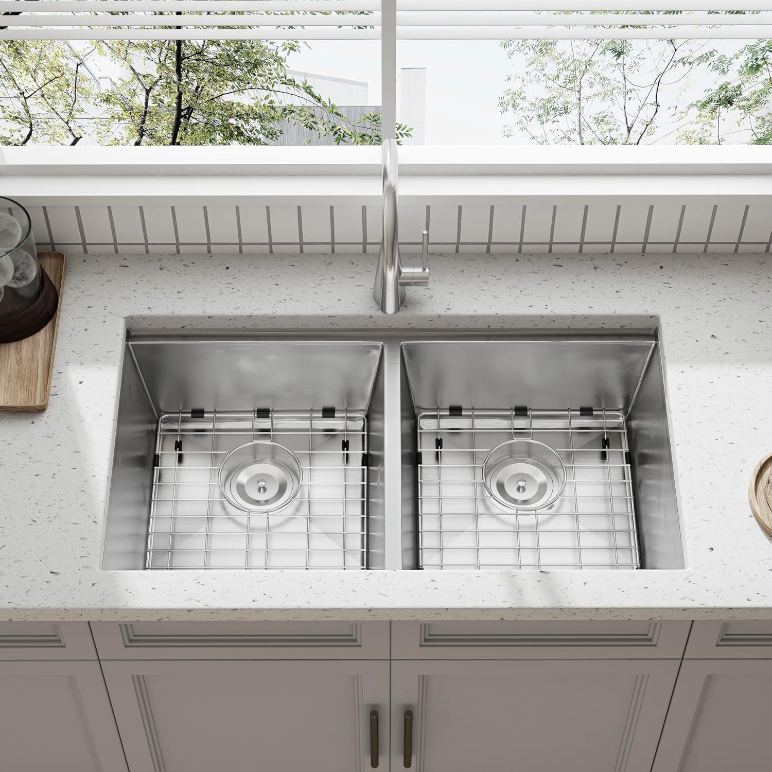 32 Inch Double Bowl Undermount Workstation Kitchen Sink 16 Gauge Stainless Steel 50/50 Handmade Rectangular Sinks with Ledge and Accessories 32' x 18' x 10'
