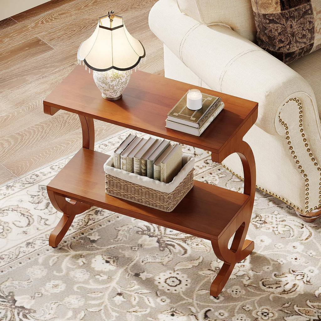Tribesigns 2pcs Wood End Table, 2-Tier Modern Side Table with Storage Shelves and Curved Crossed Legs, Slim Nightstand for Living Room, Bedroom, Easy Assembly, Walnut Color (2)