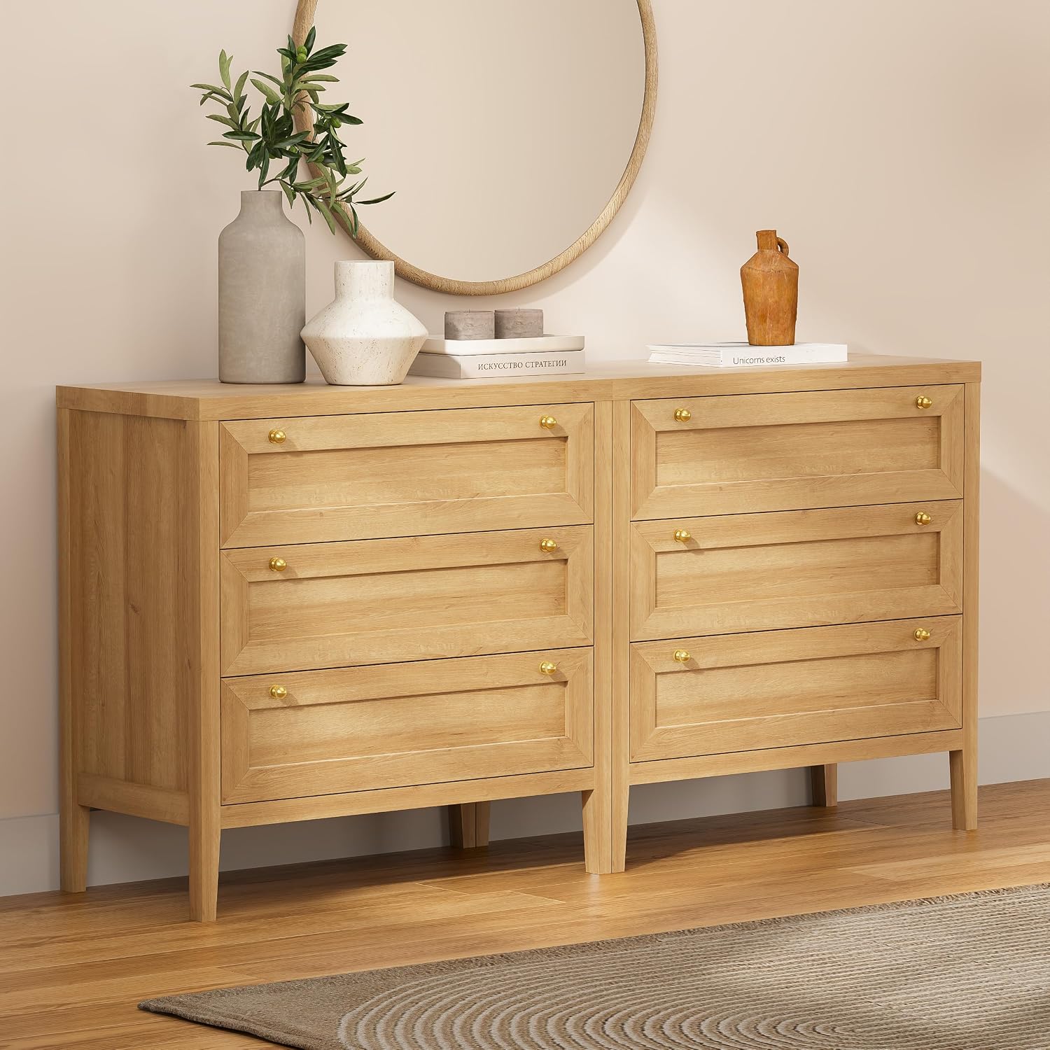 EYYTHUNG 3 Drawer Dresser Set of 2 for Bedroom, Modern Chest of Drawers with Golden Handles, Large Wood Nightstand, Storage Dresser Cabinet Side Table for Living Room, Hallway, Natural Oak